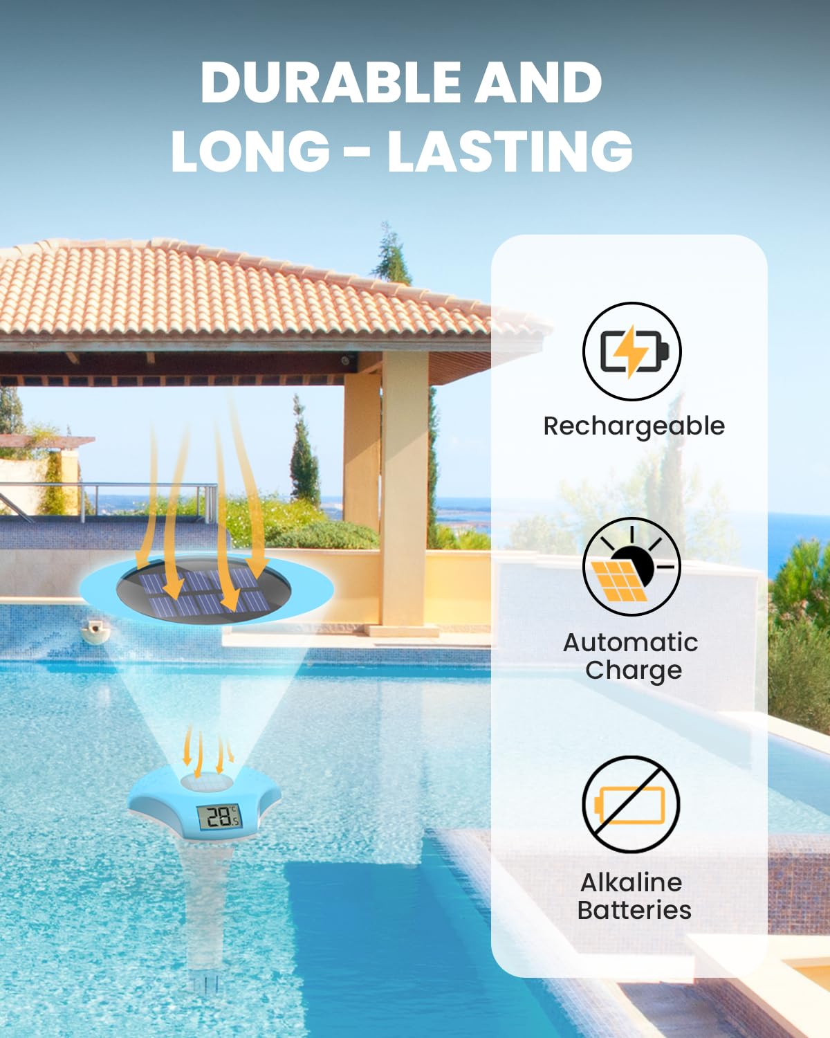 BALDR Digital Pool Thermometer Floating - Easy Read Solar Thermometer with Large Display, IPX8 Waterproof, ±1.8℉ Accuracy for Hot Tubs, Cold Plunge Pools, Swimming Pools, Spas & Backyard Water Features (Blue)