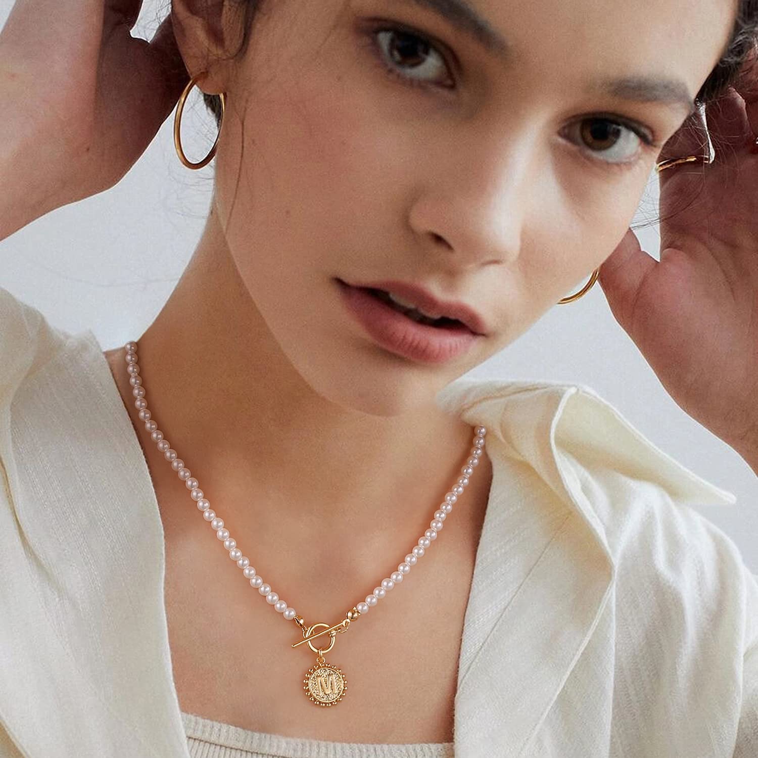 Elegant Initial K Pearl Choker Necklace for Women - 4MM Simulated Pearl, 14K Gold Plated Toggle Clasp, Handmade Dainty Jewelry with Coin Pendant - Perfect for Gifts, Date Nights & Special Occasions