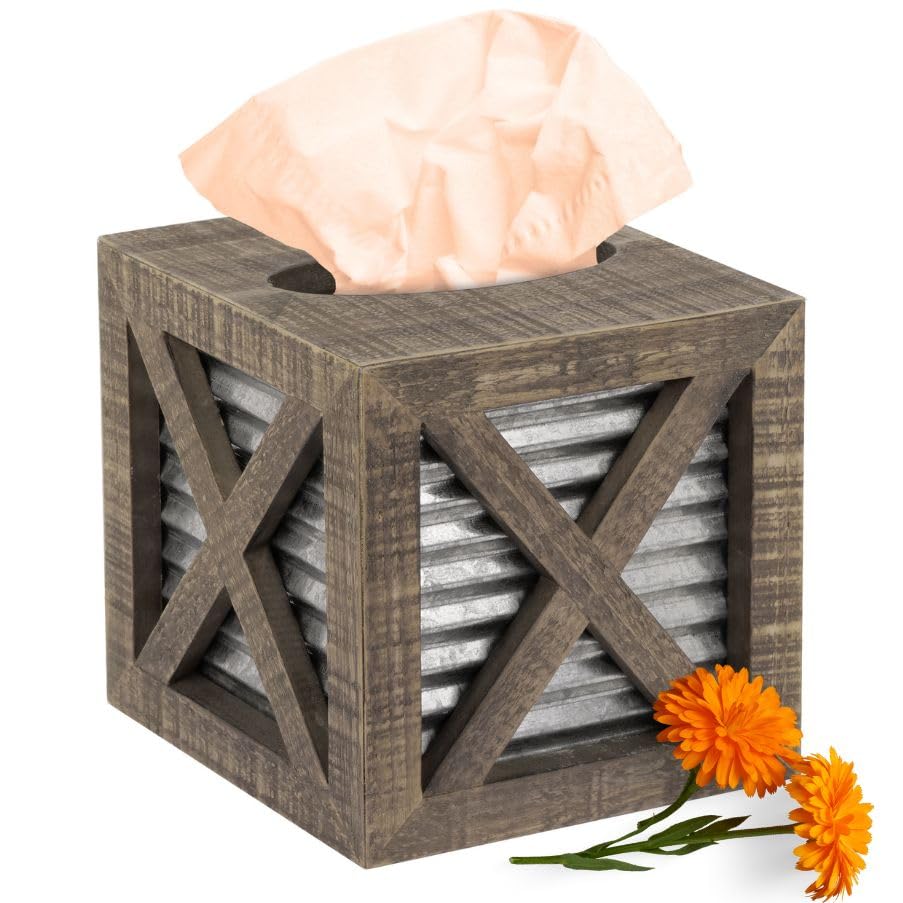 Rustic Square Farmhouse Tissue Box Cover - Wooden Bathroom Tissue Holder with Galvanized Decor for Farmhouse Style Homes | Perfect for Bathroom, Living Room, and Bedroom Décor