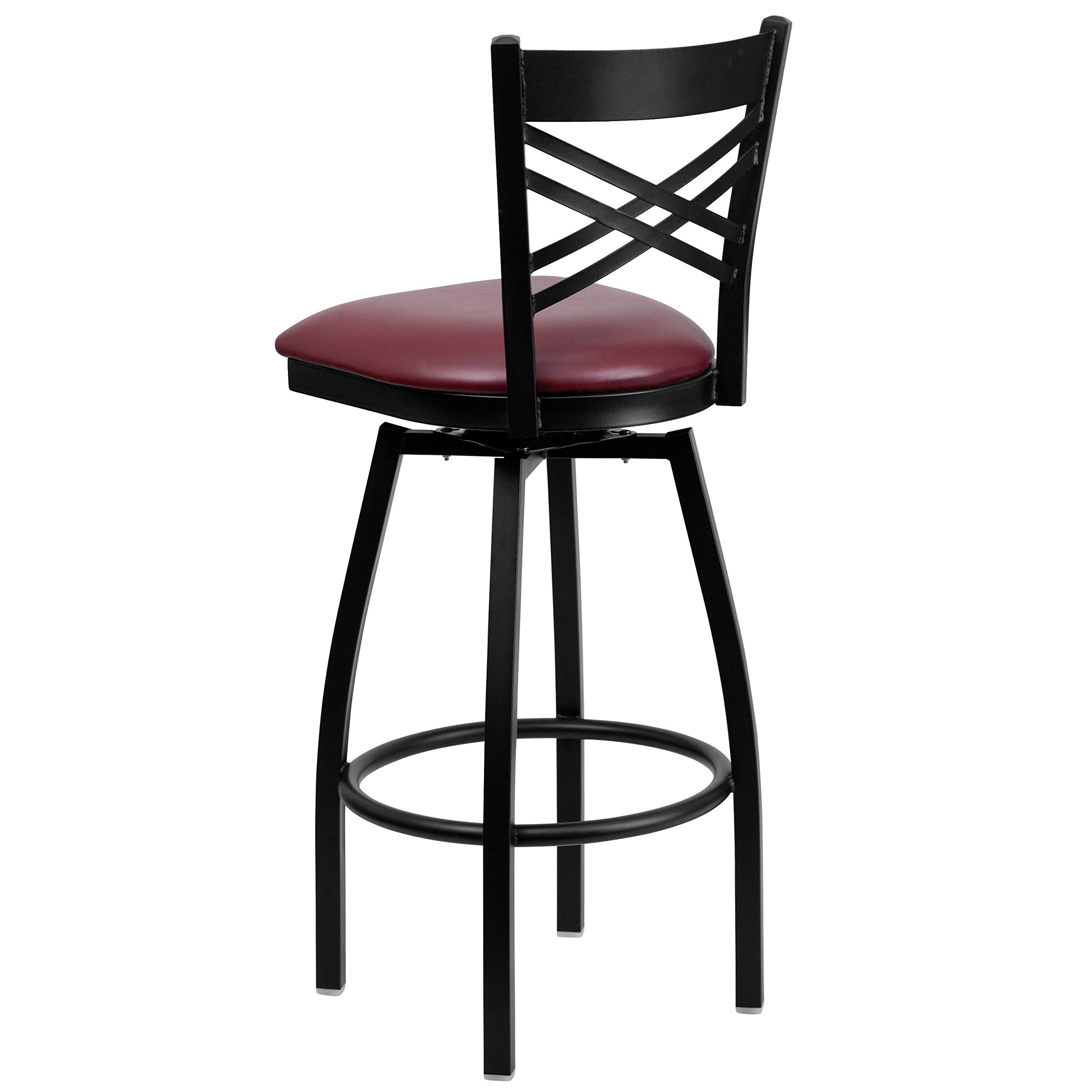 2 Pack Black X-Back Swivel Metal Barstools with Burgundy Vinyl Seat - Heavy Duty Counter Height Bar Stools for Kitchen Island, Breakfast Nook & Home Bar (Set of 2)