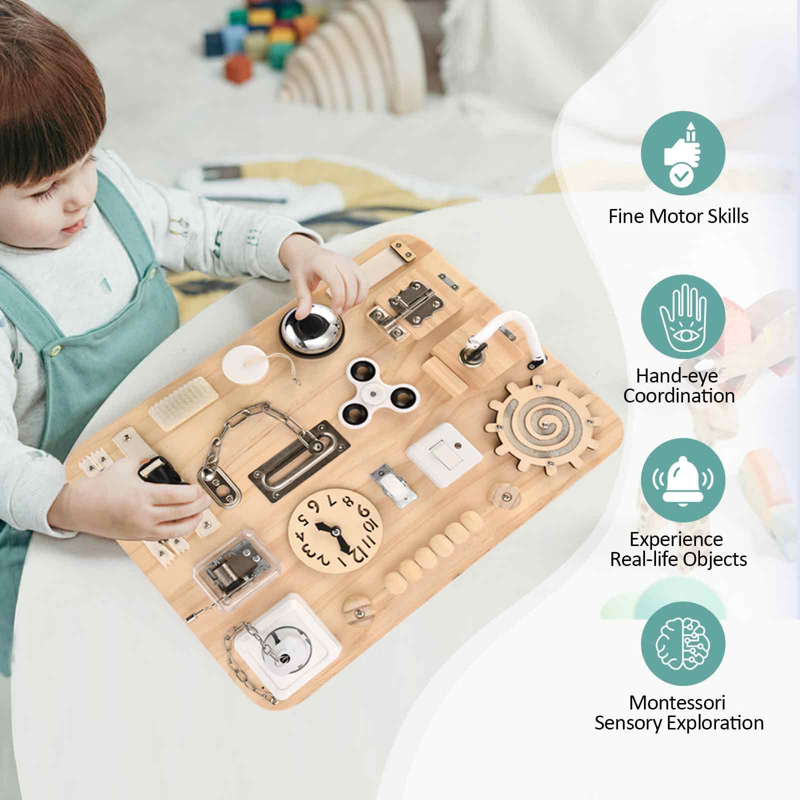 Montessori Wooden Busy Board for Toddlers - Sensory Toys for Fine Motor Skills Development - Fidget Toys for Autistic Children - Preschool Learning Activities - Perfect for Home, Classroom & Travel Use