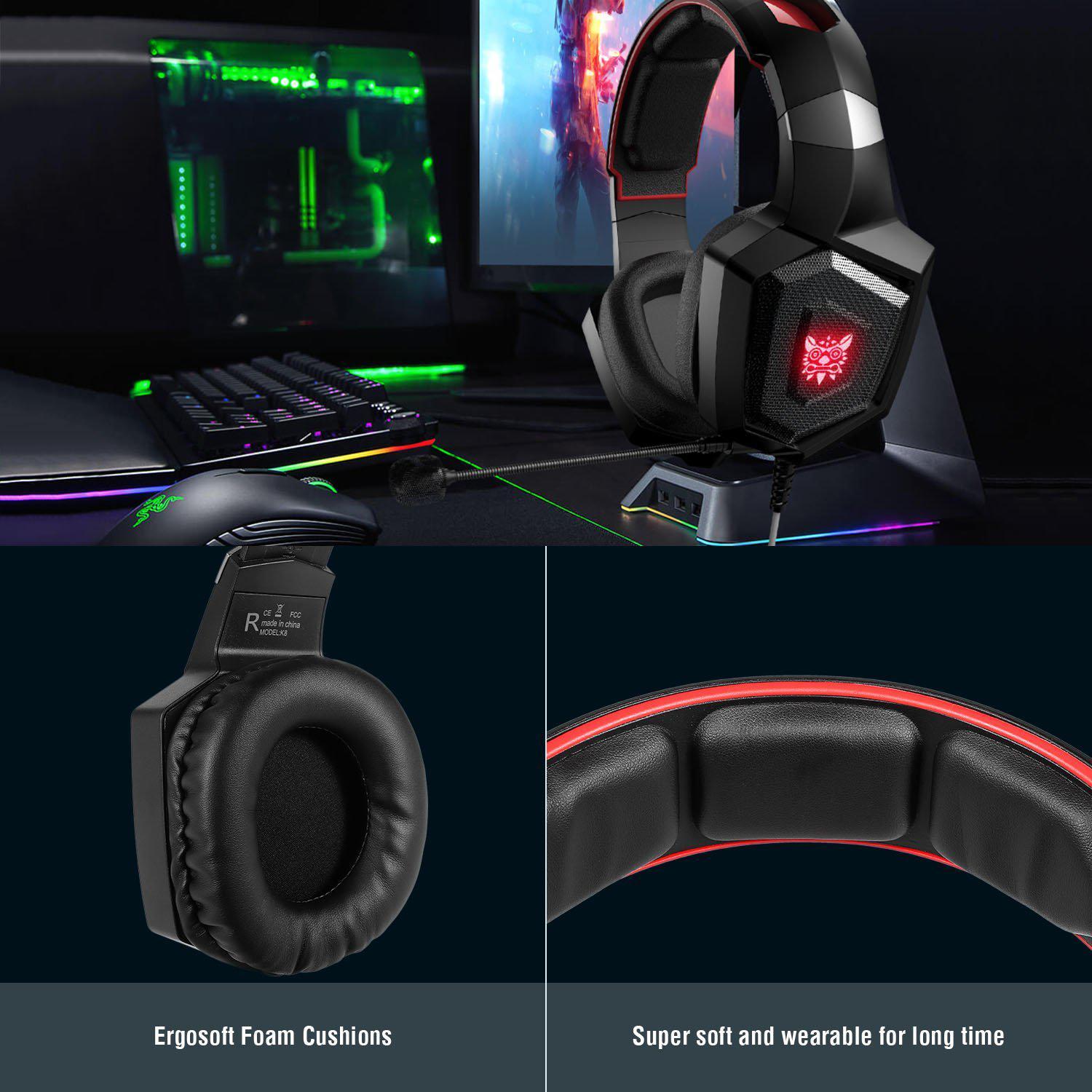 ONIKUMA K8 Wired Stereo Gaming Headset with Microphone & RGB LED Lights - Noise Cancelling Over-Ear Headphones for PC, PS4, Xbox, Nintendo Switch Gaming & Streaming