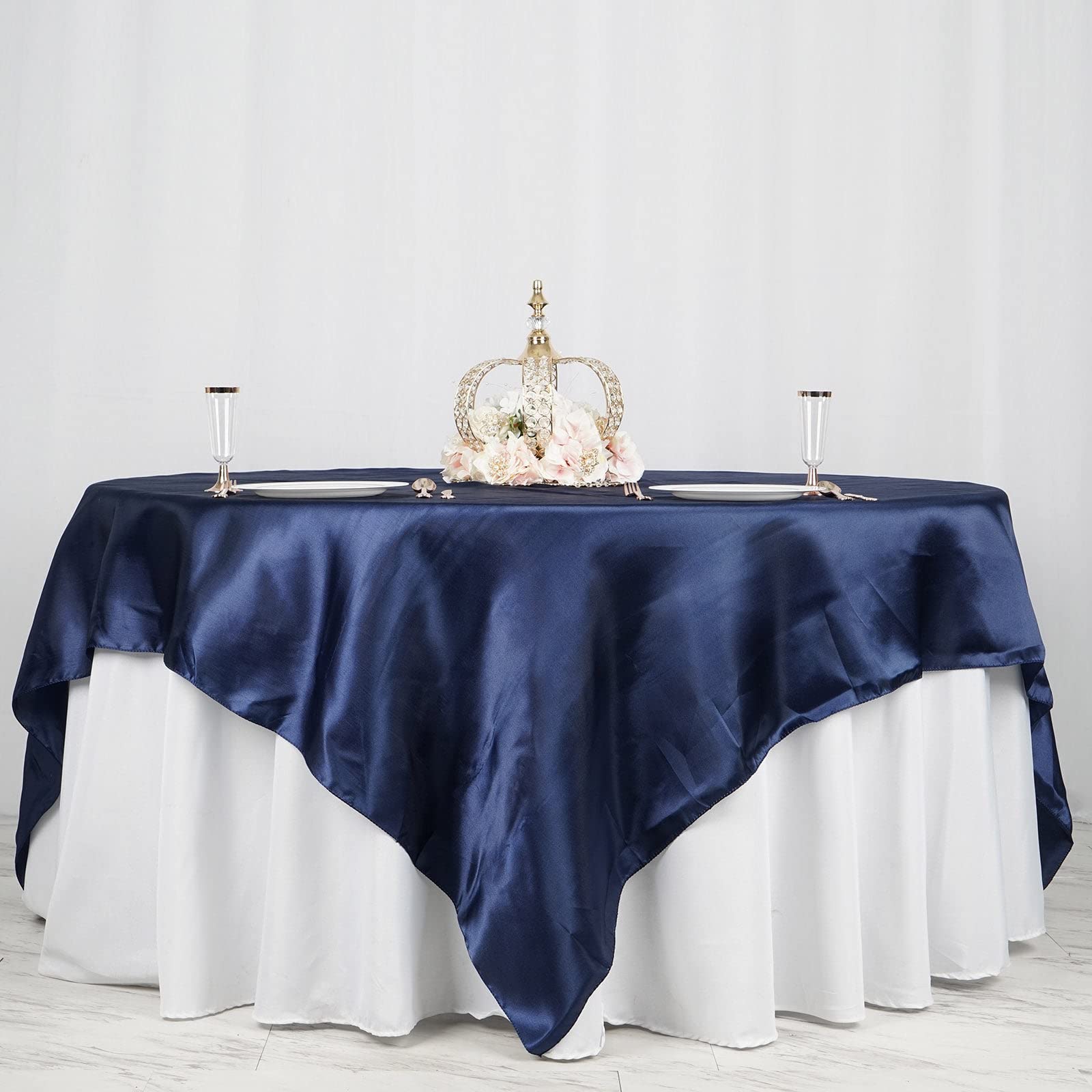 10 Pack Navy Blue Satin Table Overlays 90x90 Inches - Elegant Wedding Reception Decor, Party Table Linens, Catering Event Tablecloth for Banquet, Bridal Shower, Anniversary Celebration
