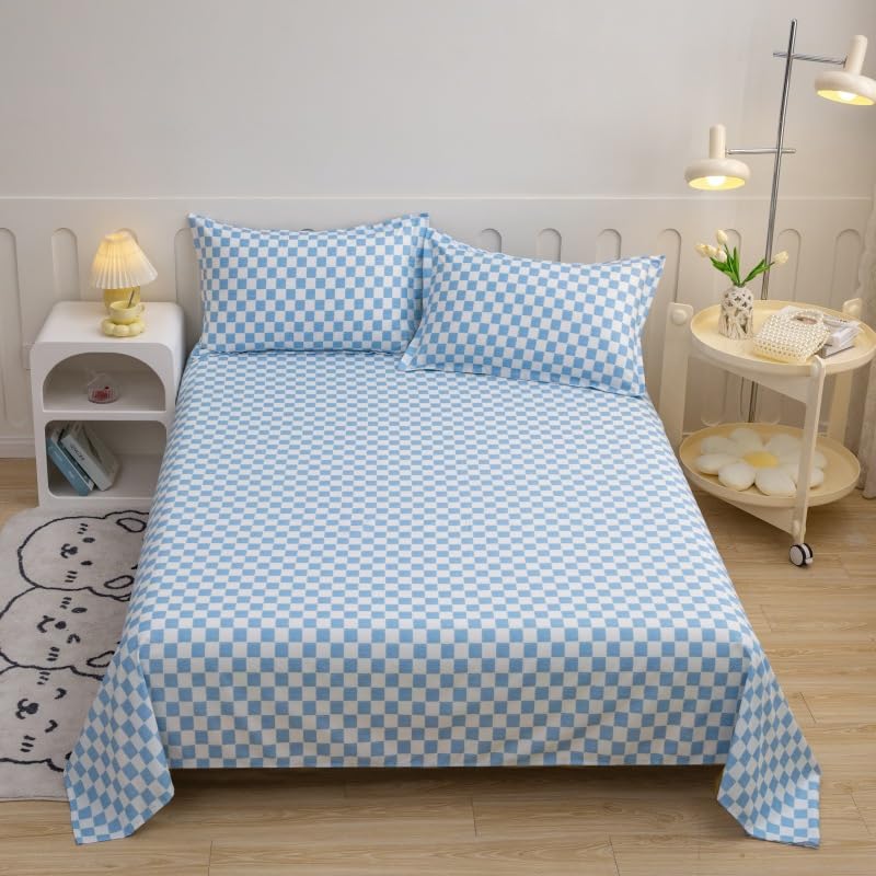 Houseri Light Blue Plaid Sheet Set - Full Size Aqua Blue Grid Fitted Sheets with Pillowcases for Bedroom, Guest Room & Dorm - Soft Breathable Cotton Blend Bedding