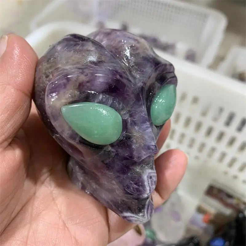 Natural Amethyst Crystal Skull Carving - Handcrafted Alien Skull Statue for Healing, Meditation & Spiritual Collection | Unique Gemstone Decor for Home, Office & Sacred Space