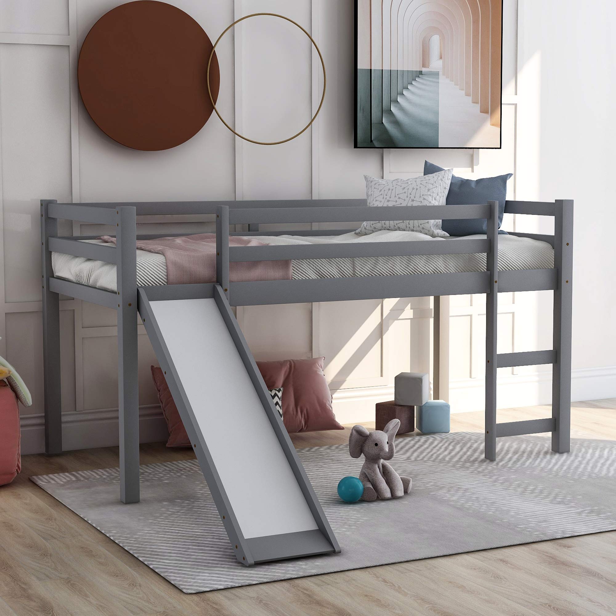 Merax Wooden Twin Size Junior Loft Bed with Slide and Ladder - Space-Saving Kids Bed for Small Rooms, Perfect for Boys & Girls Bedroom, Playroom or Dormitory