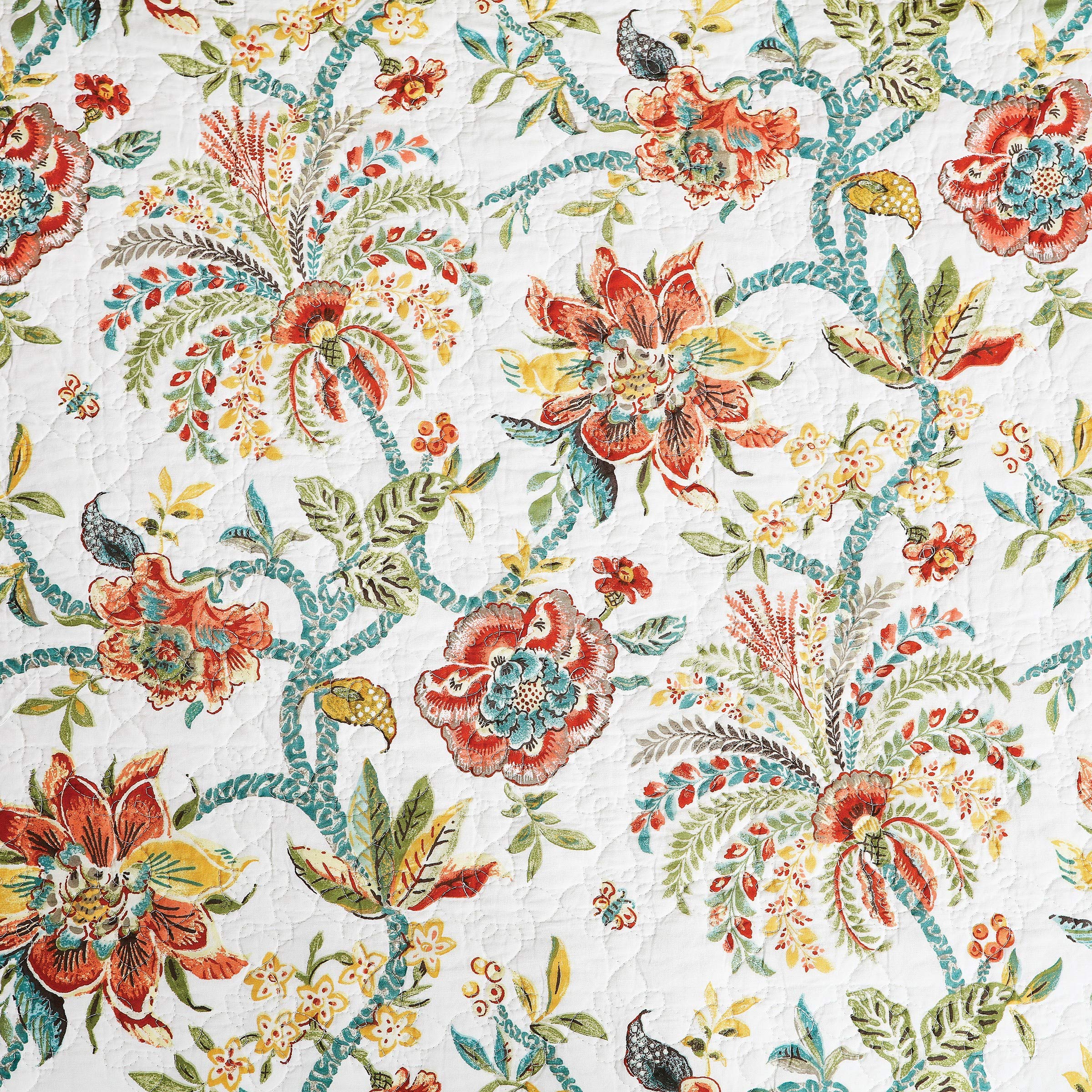 Reversible Colonial Williamsburg Braganza Floral Quilt Set - Full/Queen Size, 3-Piece, Red Blue Yellow Jacobean Cotton Bedding | Machine Washable | Perfect for Guest Rooms, Master Bedrooms & Farmhouse Decor