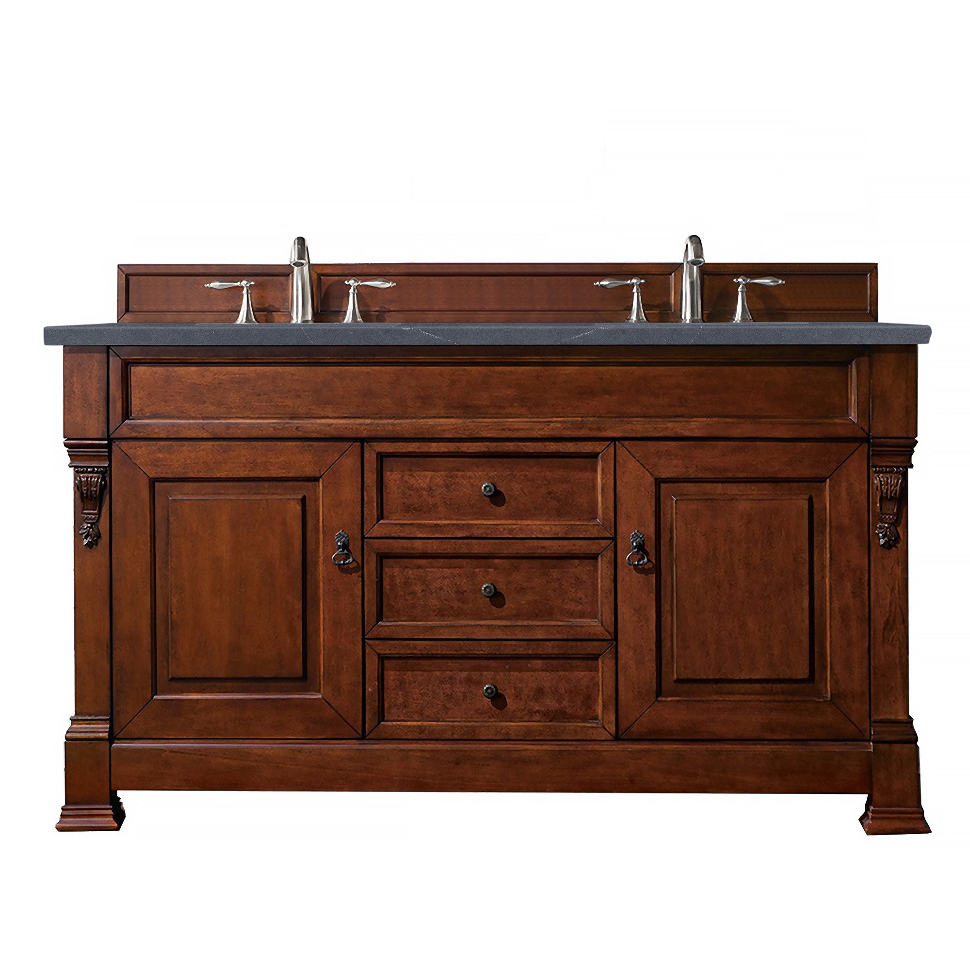 Brookfield 60-Inch Double Vanity with Warm Cherry Finish & 3CM Charcoal Soapstone Quartz Top - Perfect for Master Bathroom Renovation and Luxury Home Upgrade