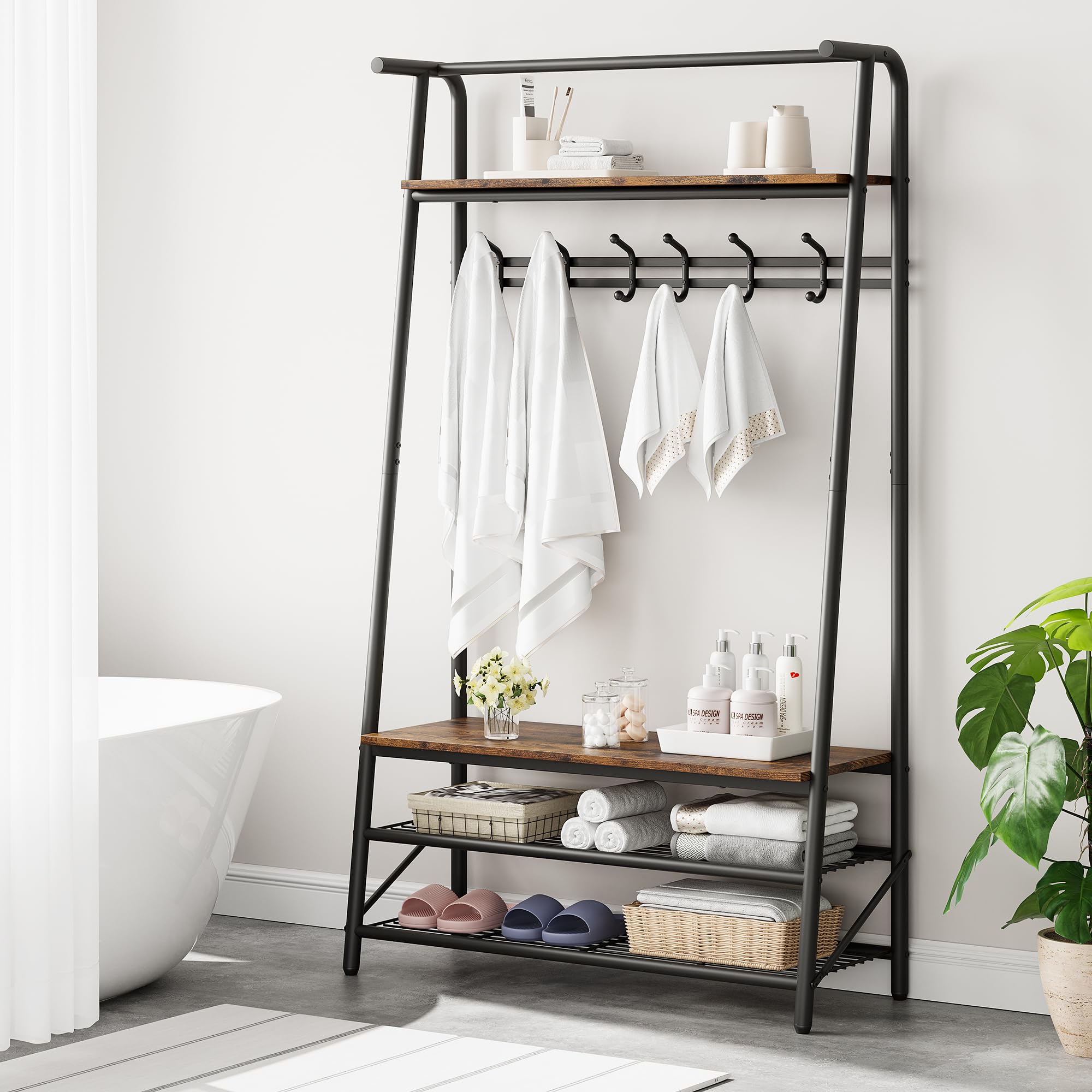 GARVEE 4-in-1 Hall Tree Coat Rack with Shoe Bench - Wood Look Accent Entryway Organizer, Steel Frame with Storage Shelf & Hanging Bar - Industrial Rustic Brown & Black - Perfect for Mudroom, Foyer & Small Space Entry Organization