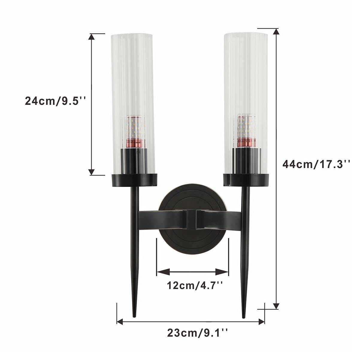 BOKT Modern 2-Light Matte Black Metal Vanity Light Fixture with Clear Crystal Glass - Wireless Wall Sconce for Bedroom, Bathroom & Living Room - Mid Century Style Wall Mounted Lighting for Home Decor