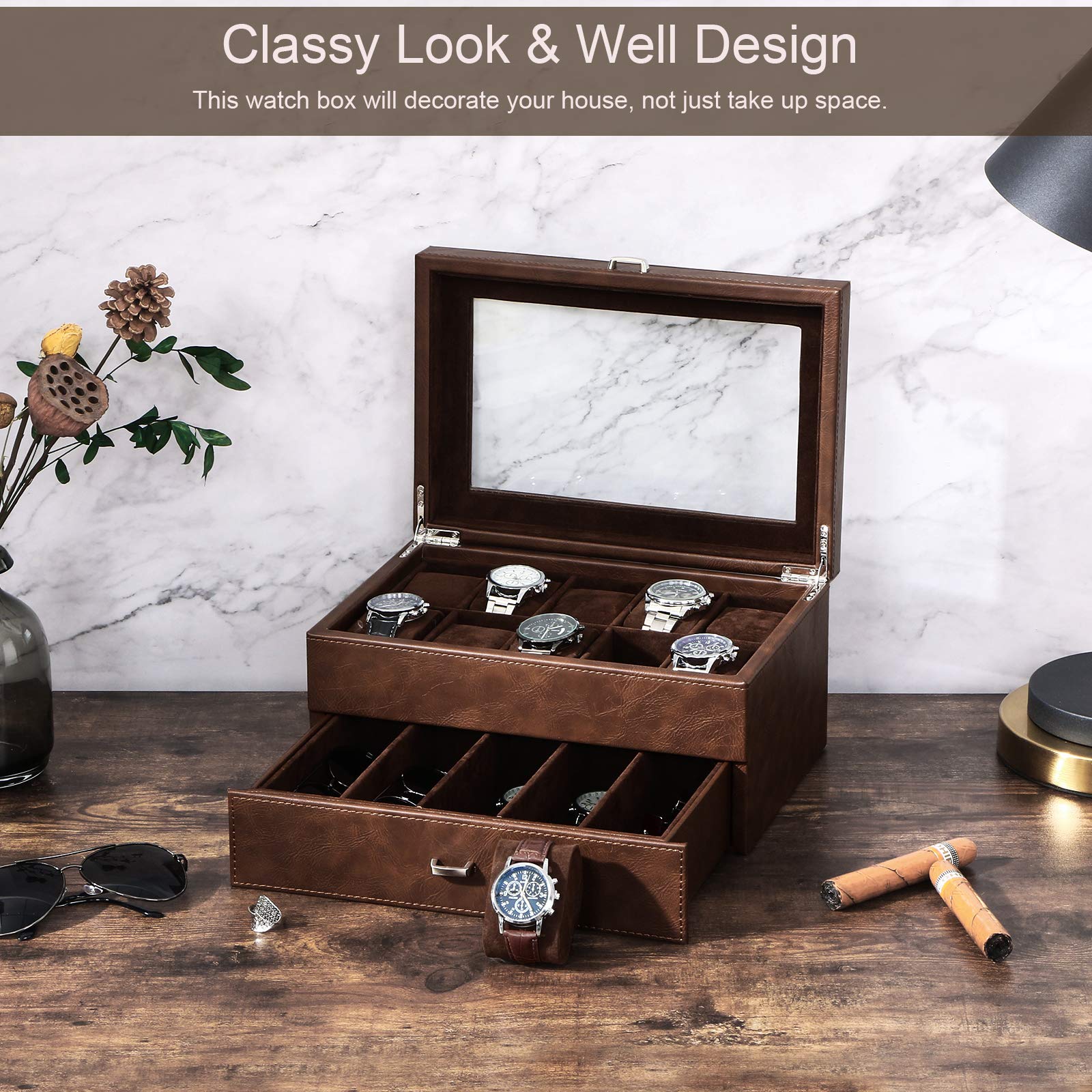 BEWISHOME Luxury 10-Slot Watch Box with Valet Drawer - Premium Watch Organizer Case for Men & Women - Perfect for Travel, Home Storage, and Watch Collection Display