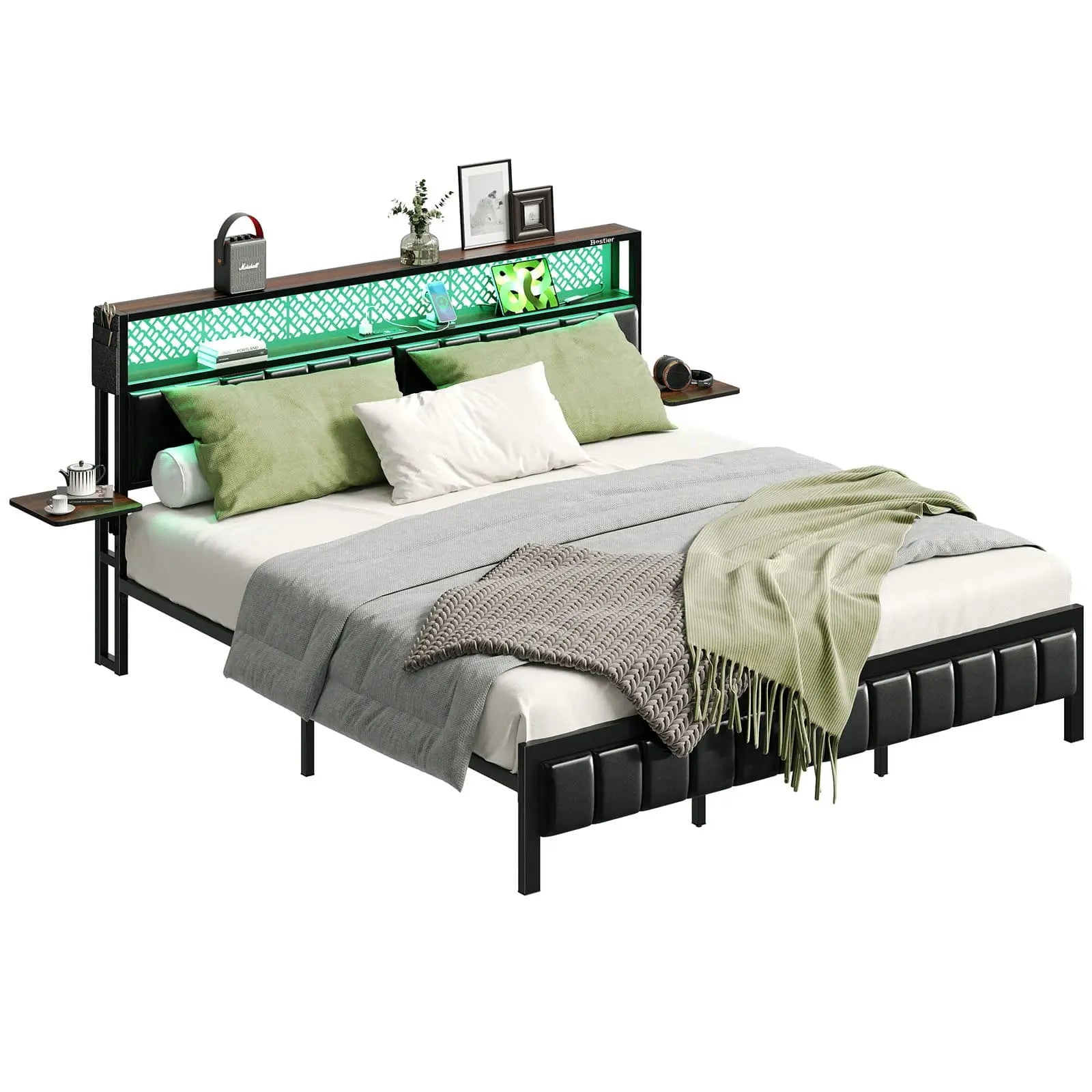 Bestier King/Queen/Full Size Bed Frame with USB Charging Station - Sturdy Metal Platform Bed with Headboard & LED Lights - Perfect for Modern Bedrooms & Guest Rooms