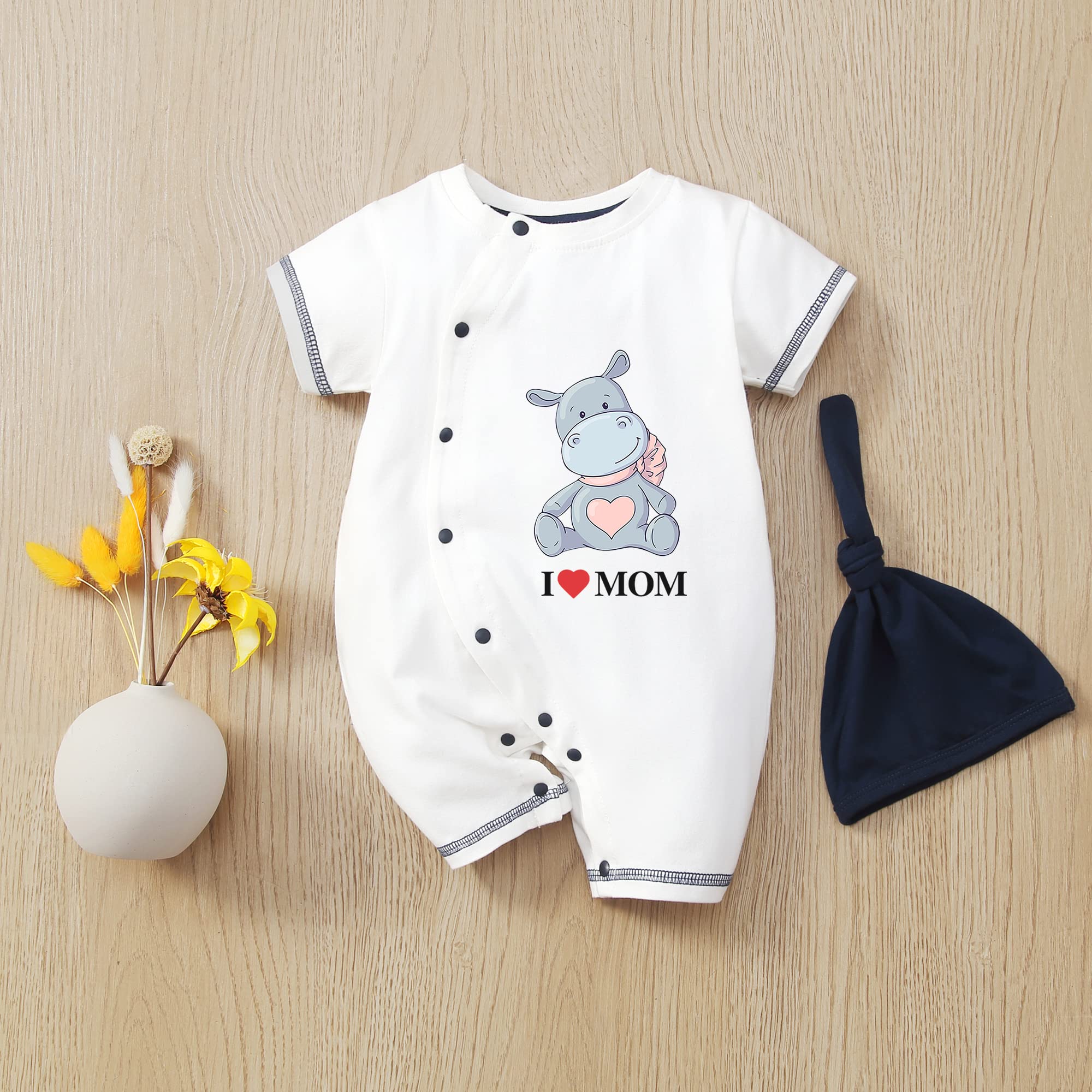 Baby Boy & Girl Cotton Birthday Outfits - Cute Hippo Print Unisex Bodysuit 0-24 Months | Newborn I Love Mom Onesie | Perfect for First Birthday Photos & Family Matching Outfits
