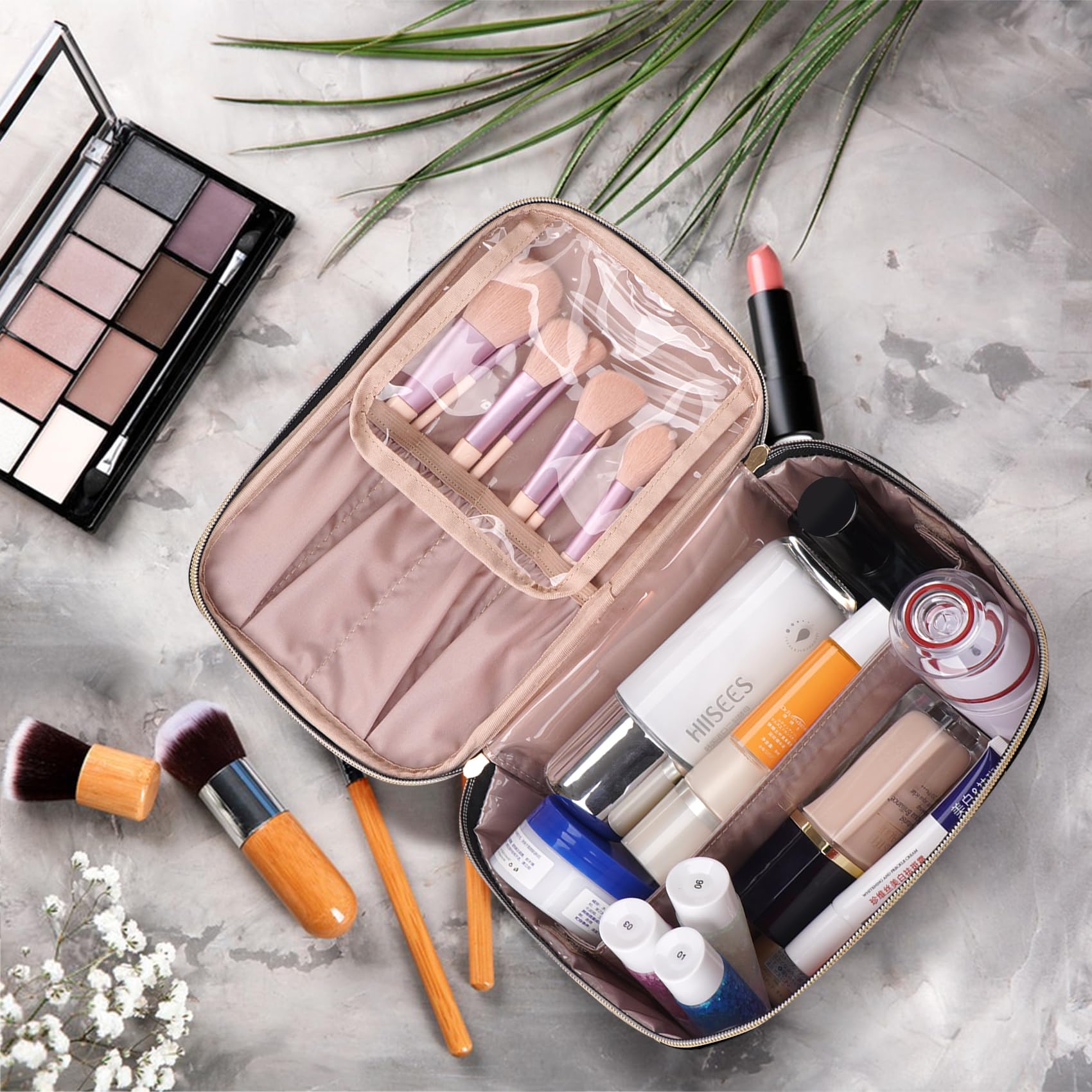 5L Large Capacity Travel Makeup Bag for Women - Portable Cosmetic Organizer with Dividers, Waterproof Toiletry Case (Black, 1.34 GAL) - Perfect for Air Travel, Gym, Camping & Weekend Getaways