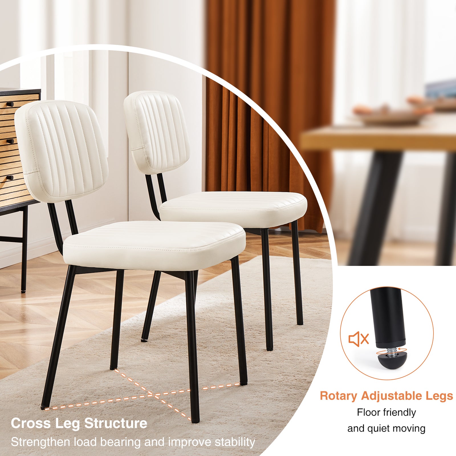 Mid Century Modern Upholstered Dining Chairs - Set of 2 White Faux Leather Cushion Seats with Metal Legs for Kitchen, Dining Room & Living Room | Perfect for Home Decor, Entertaining Guests & Small Space Furniture