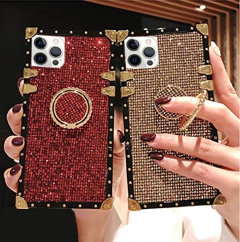 Luxury Bling iPhone 12 Pro Max Case - Glitter Trunk Box Design with Gold Corners, Soft TPU Cover & Finger Ring Grip Kickstand | Perfect for Women & Girls | Protective Phone Skin in Gold | Great for Parties, Daily Use & Gift Giving