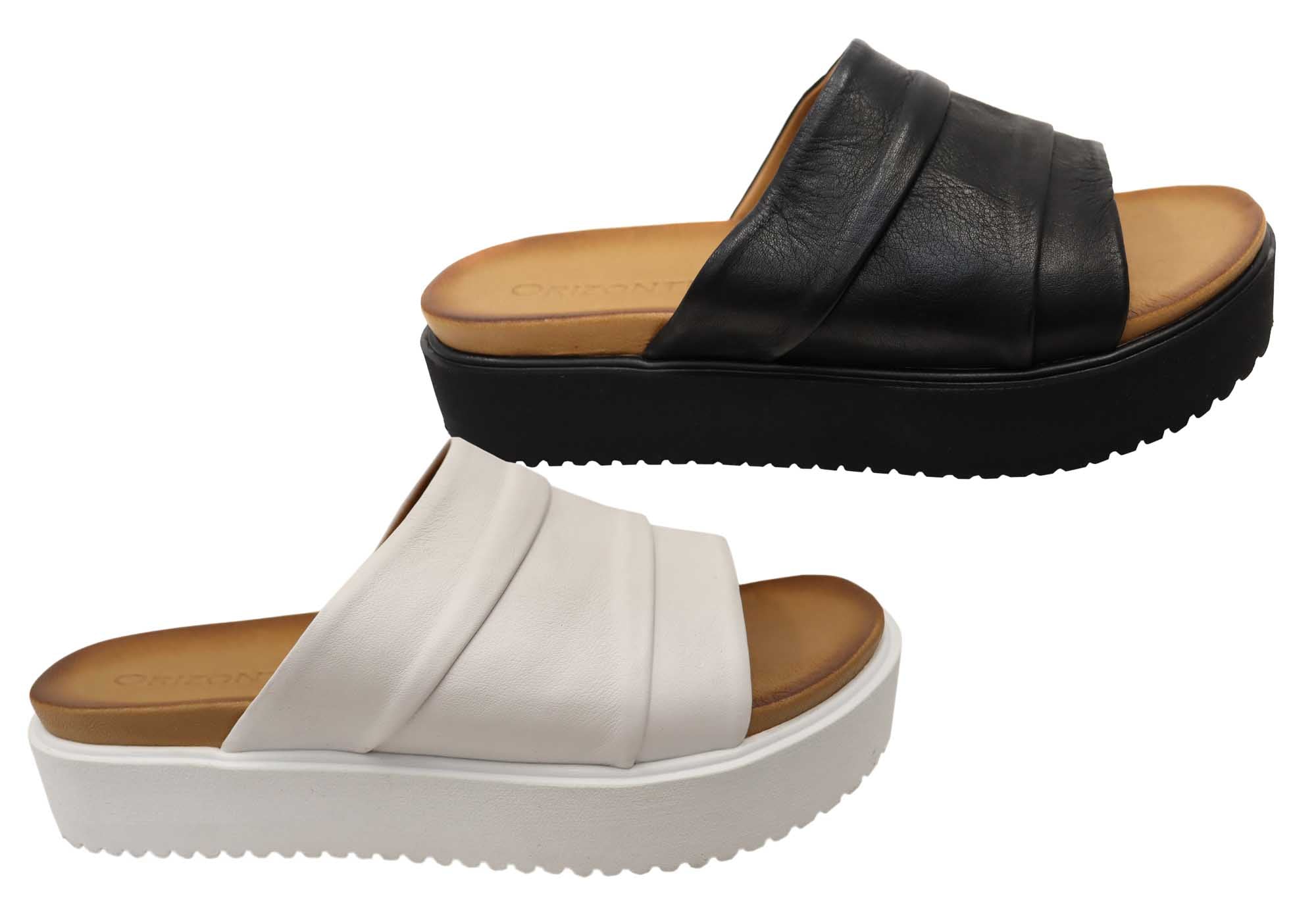 Orizonte Women's Leather Platform Slide Sandals - Comfortable European Style Flip Flops for Beach, Pool, and Summer Outfits