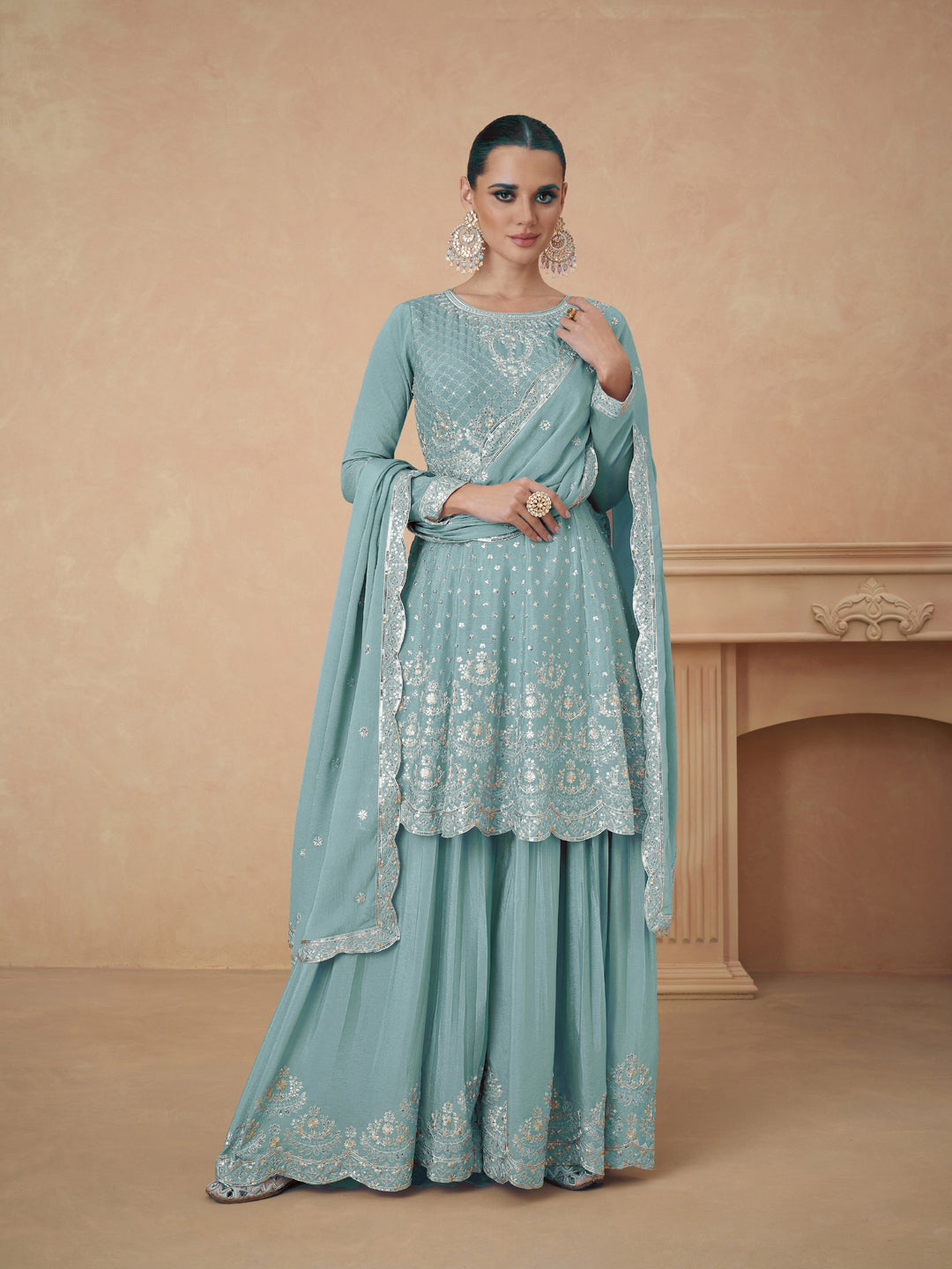 Elegant Aqua Blue Pakistani Sharara Suit with Embroidery & Sequins - Traditional Party Wear for Weddings, Festivals & Special Occasions