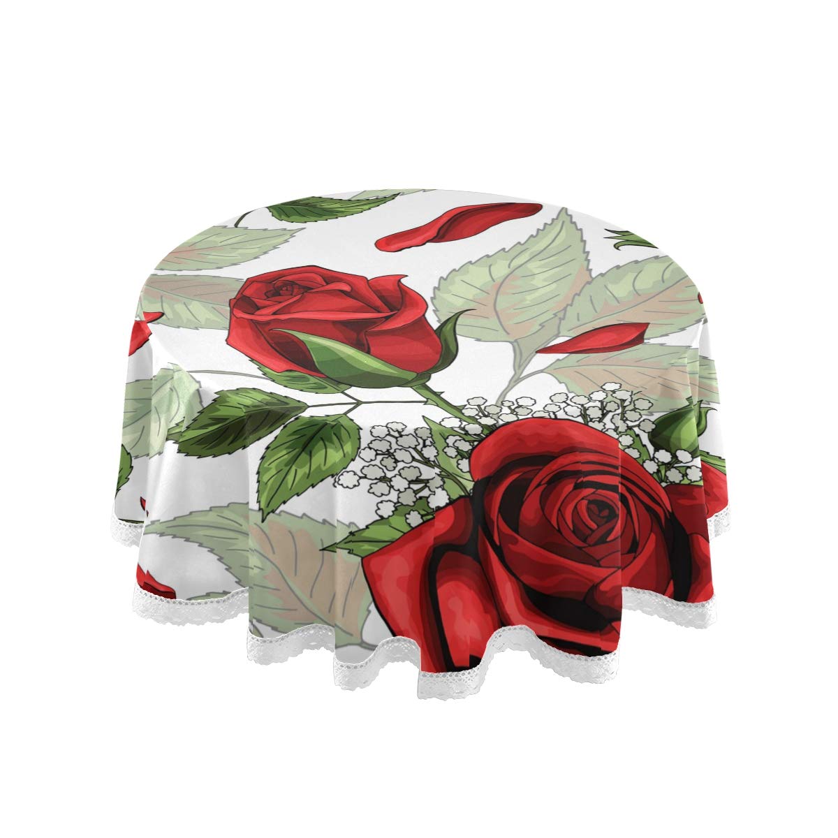 Elegant Rose Floral Leaves Pattern Thick Non-Slip Round Tablecloth - 60 Inch Diameter Waterproof Table Cover for Dining Room, Wedding, Party & Outdoor Events