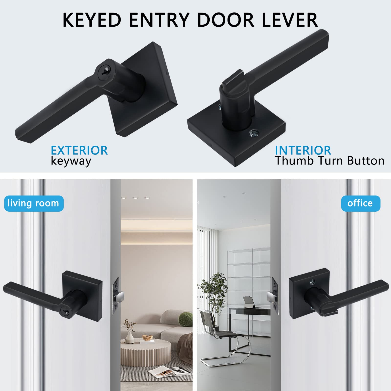 Black Exterior Door Handle with Lock & Keys - Keyed Entry for Front Door/Office - Left/Right Handed (1 Pack) - Secure Home & Office Access