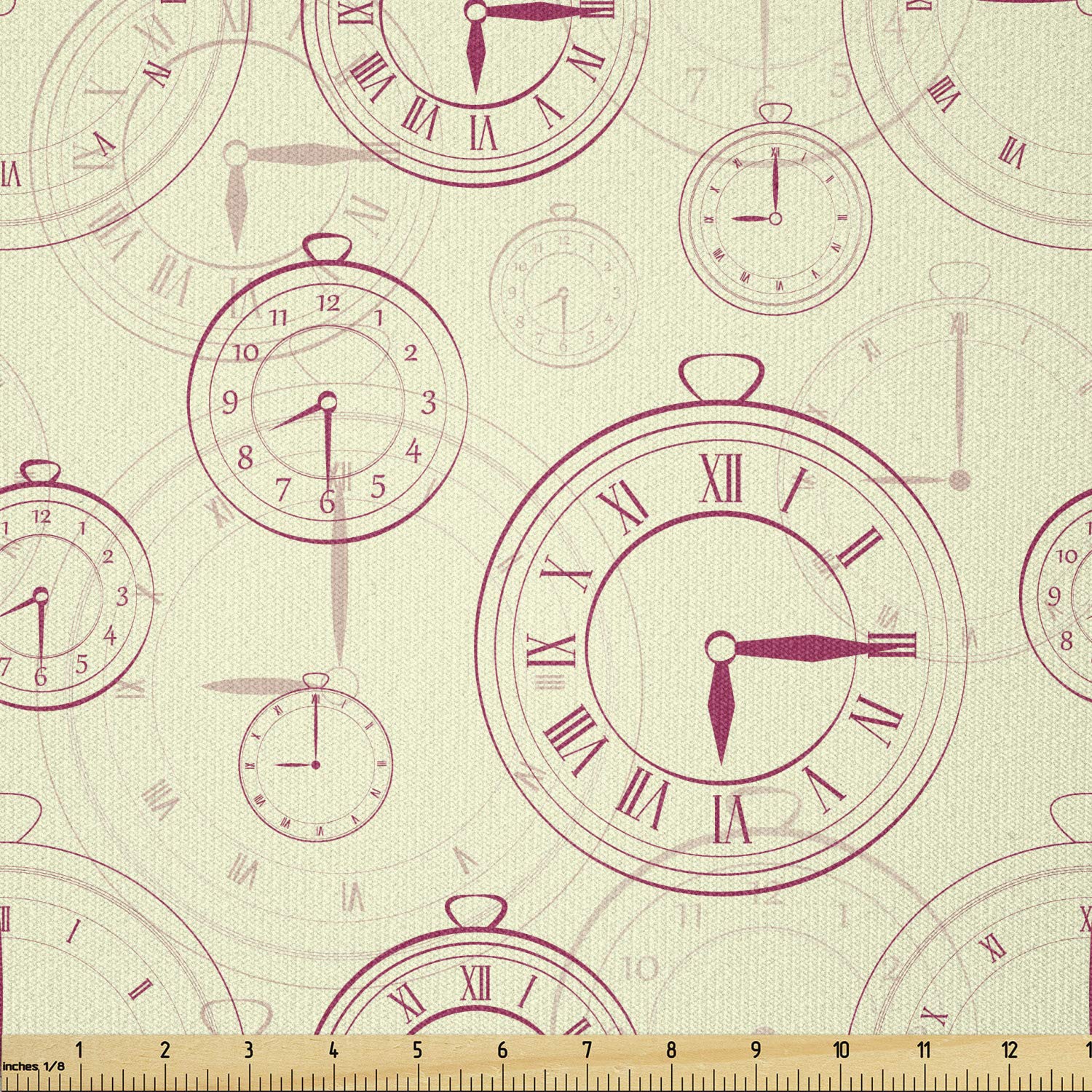 Ambesonne Vintage Roman Numeral Clock Fabric by The Yard - Antique Time Machine Stretch Knit Material for Sewing Clothes & DIY Crafts (10 Yards, Pale Yellow Magenta) - Perfect for Costume Design, Home Decor & Quilting Projects