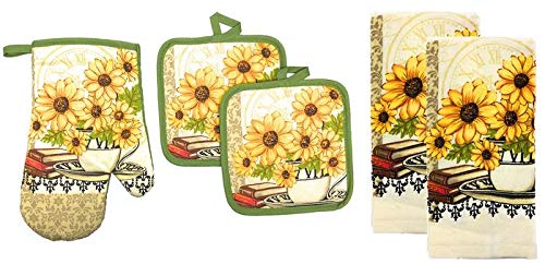 5-Piece Kitchen Linen Set - 1 Oven Mitt, 2 Pot Holders & 2 Kitchen Towels | Premium Cotton Value Pack | Daisy Bouquet Pattern | Perfect for Cooking, Baking & Kitchen Decor | Ideal Housewarming Gift for Home Chefs