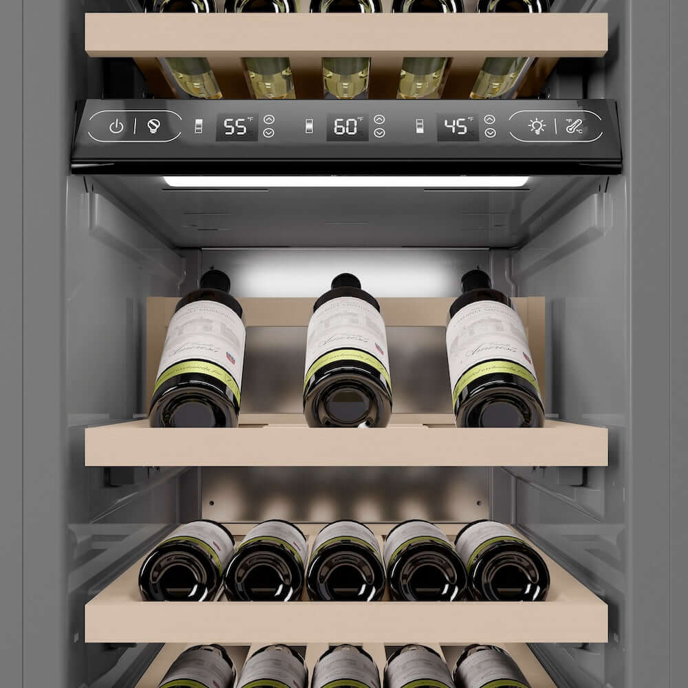 ZLINE Autograph Edition 18 Inch 9.0 cu ft Triple Zone 68 Bottle Left Hinge Wine Cooler - Satin Stainless Steel with Matte Black Accents | Perfect for Home Bars, Wine Cellars & Entertaining (RCWVLZ SN 18 MB)