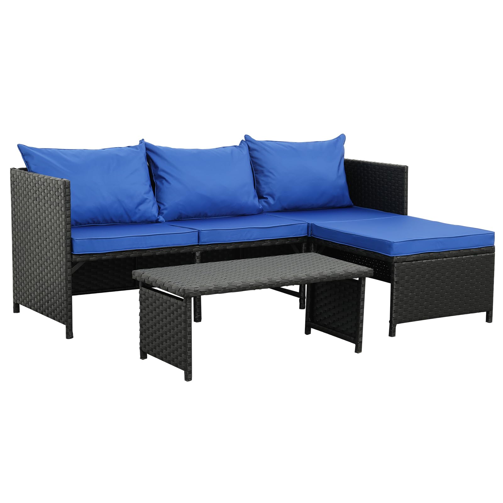 Valita 3-Piece Outdoor PE Rattan Furniture Set - Black Wicker Patio Conversation Sofa with Royal Blue Cushions, Waterproof & UV Resistant for Garden, Poolside, and Backyard Relaxation