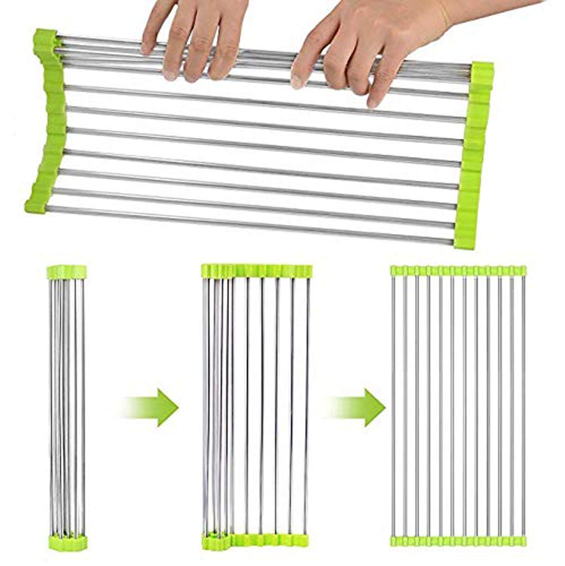 Foldable Stainless Steel Over Sink Dish Drainer - Space Saving Kitchen Utensil & Fruit Vegetable Drying Rack - Perfect for Small Kitchens, RVs & Camping Use