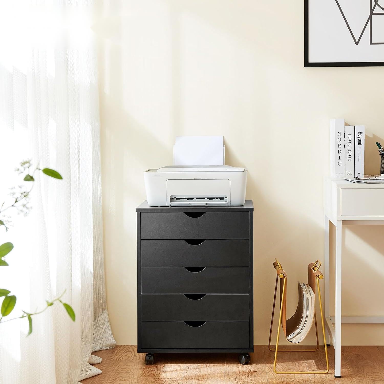 5-Drawer Wooden Dresser with Wheels - Mobile Storage Cabinet for Bedroom & Office Organization - Compact Chest of Drawers for Clothes, Accessories & Home Decor