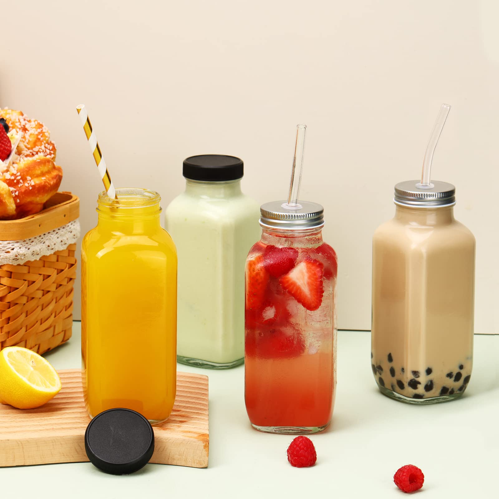 **CUCUMI 10-Pack 16oz Glass Juice Bottles with Lids & Brush - Reusable Drinking Jars for Juice, Water, Smoothies - Includes Glass Straws & Hole Lids - Perfect for Home, Office, Gym & Travel**