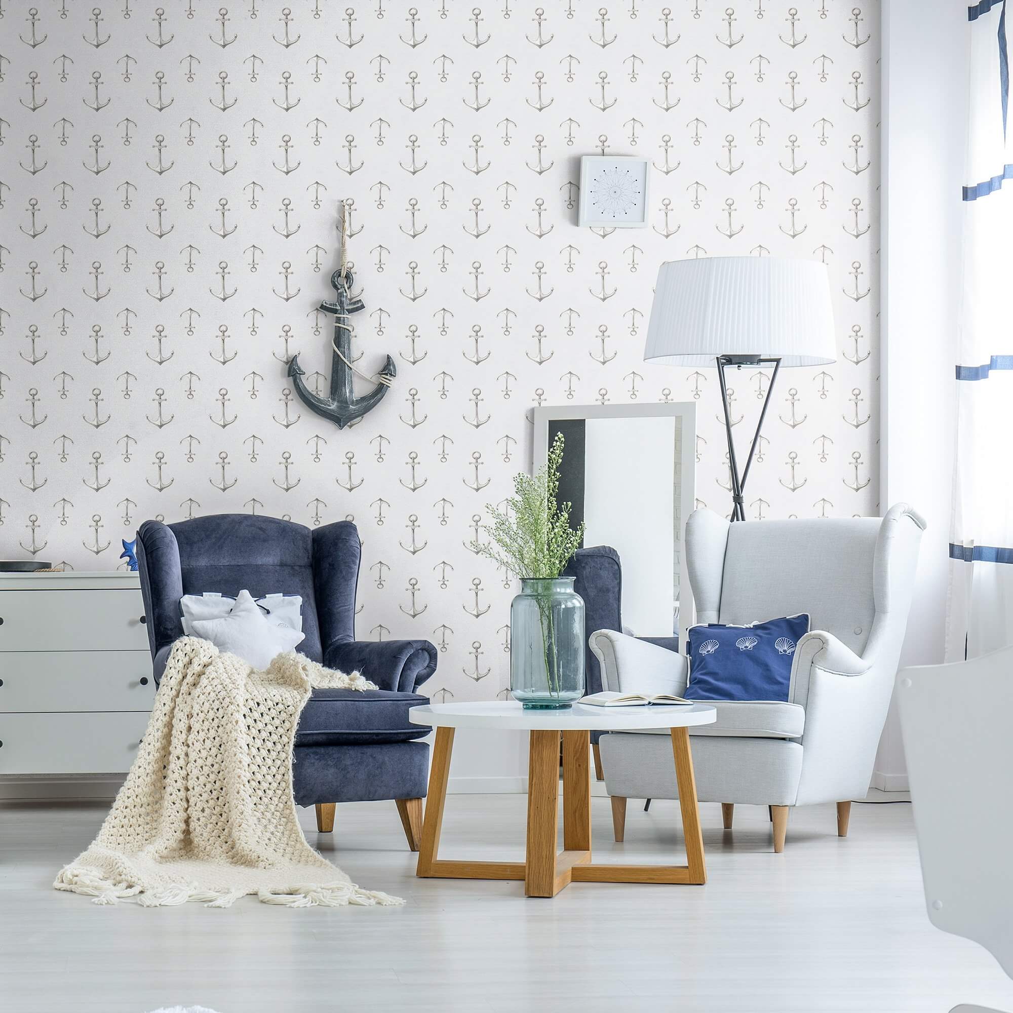 Nautical Themed Grey Peel and Stick Removable Wallpaper - Self-Adhesive Decorative Wall Covering for Bedroom, Nursery, or Office Decor