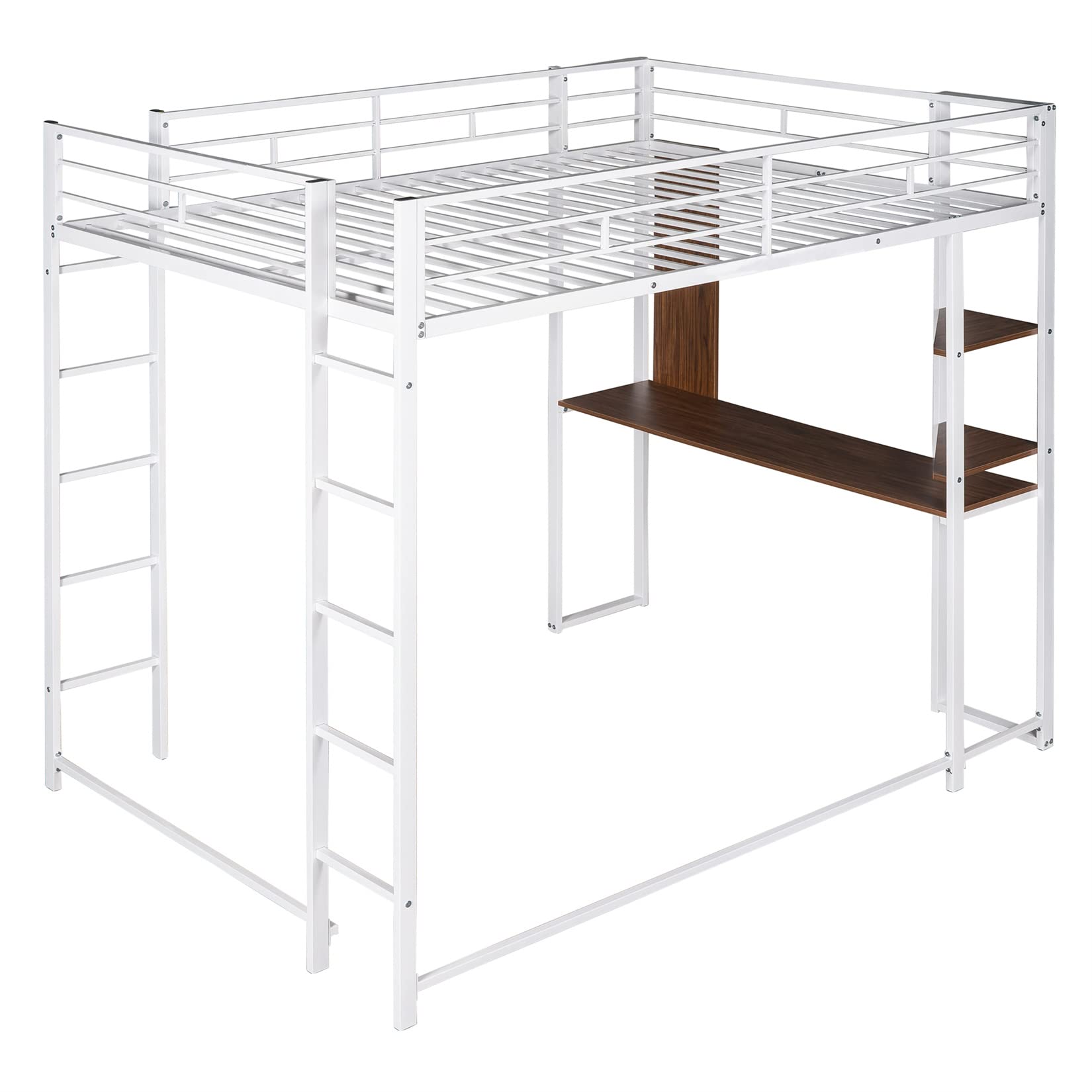 Full Size Metal Loft Bed Frame with Desk & Bookcase - Sturdy White Space-Saving Bed for Teens & Kids - Perfect for Small Bedrooms, Dorm Rooms & Studio Apartments