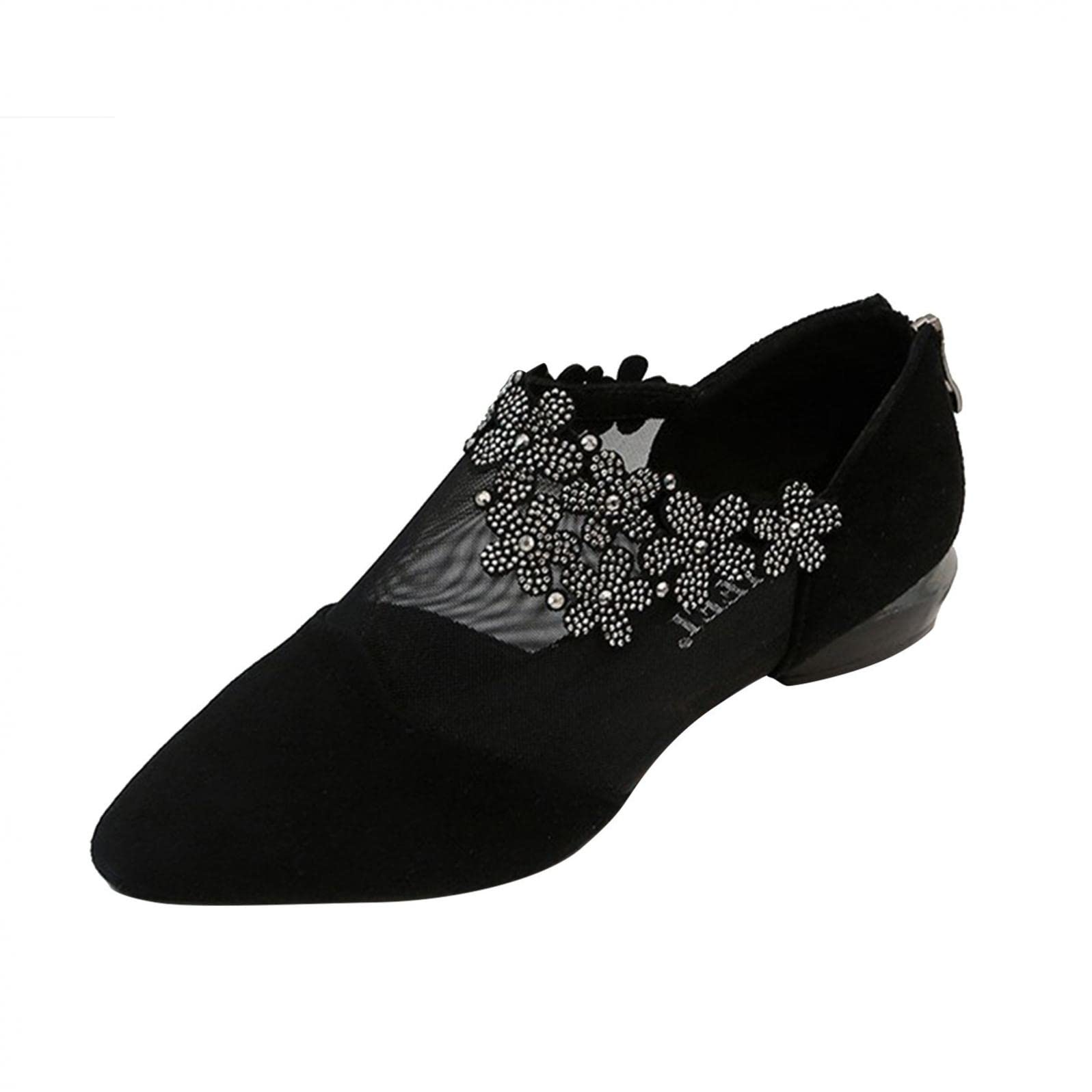 Hbeylia Women's Black Lace Flower Rhinestone Suede Ankle Booties - Chunky Block Low Heel Round Toe Back Zip Comfort Boots for Wedding, Party & Date Night | Elegant Dressy Short Boots for Ladies