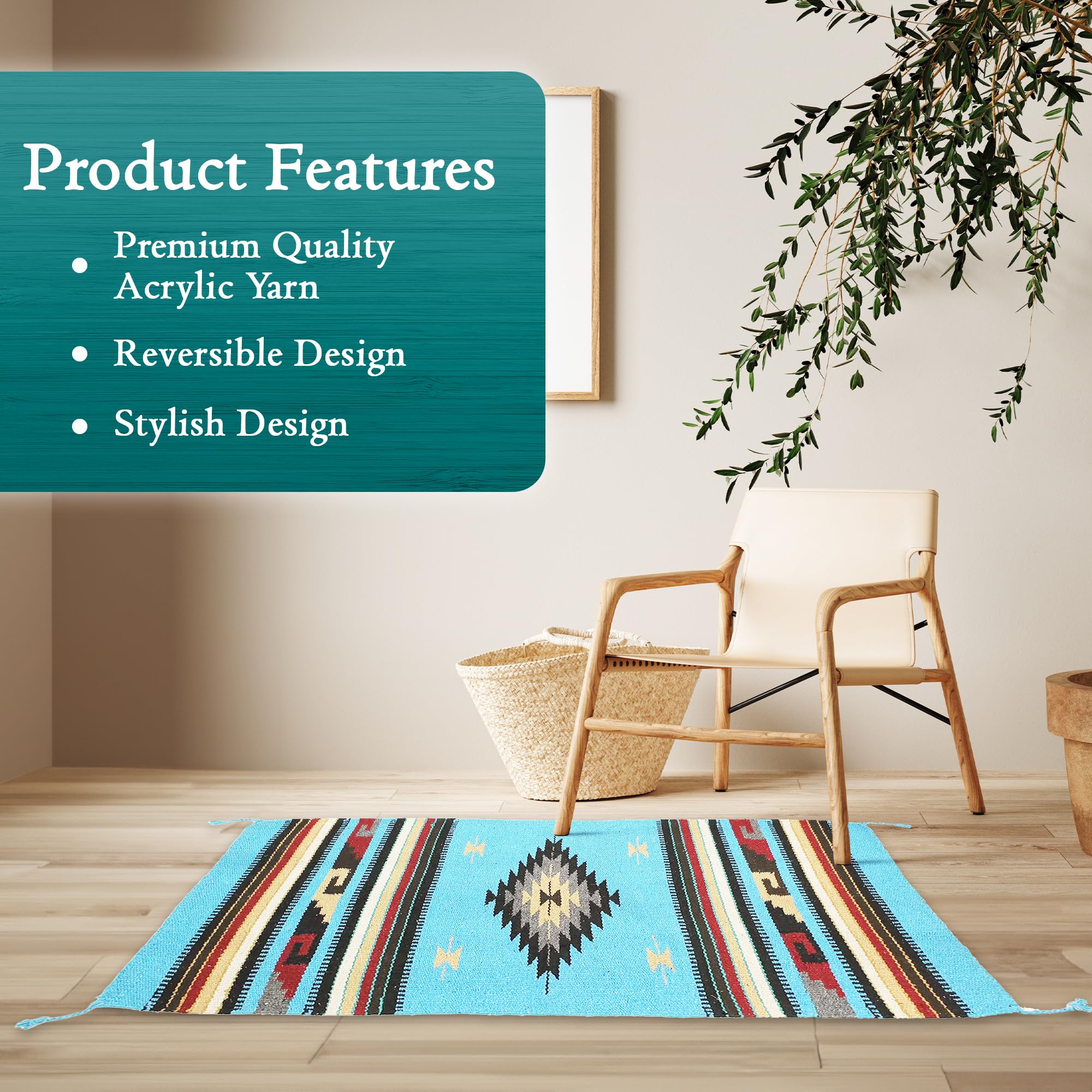 Southwest Area Rug - Washable Bohemian Rug for Indoor & Outdoor Use - Farmhouse Decor Western Style Rug - Non-Slip Living Room, Dining Room, Bedroom Rug (Center Diamond Design, Sky Blue/Black, 20x40 Inches) - Perfect for Boho Chic Homes, Patios & Cozy Spaces