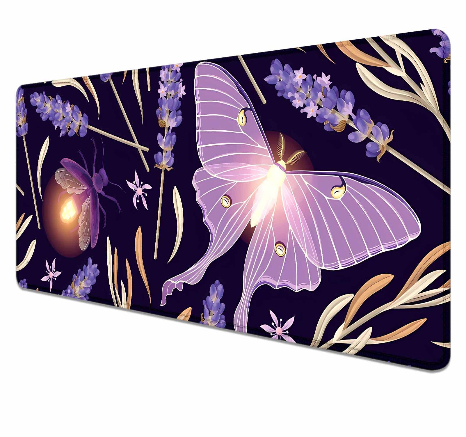 Extra Large Gaming Mouse Pad with Stitched Edges - Non-Slip XL Computer Desk Mat for Work, Office & Home Use - Purple Lavender Butterfly Design (35.4 x 15.7 Inches) - Perfect for Gamers, Typing & Ergonomic Workspace Setup