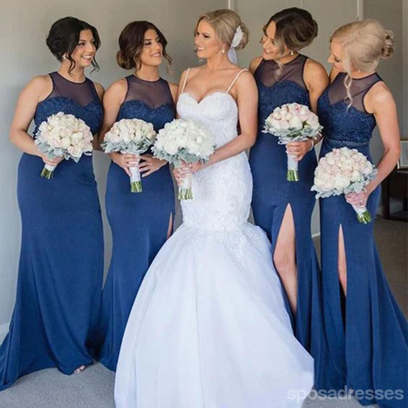 **Elegant Illusion Blue Mermaid Bridesmaid Dress with Jewel Neckline & Side Slit - WG1589 | Perfect for Weddings, Prom, Evening Parties & Formal Events**