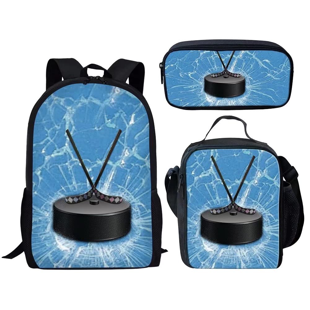 AMZPrint 3-in-1 Ice Hockey School Backpack Set - 17 Inch Black Student Backpack with Insulated Lunch Box & Pencil Case - Perfect for School, Sports & Travel