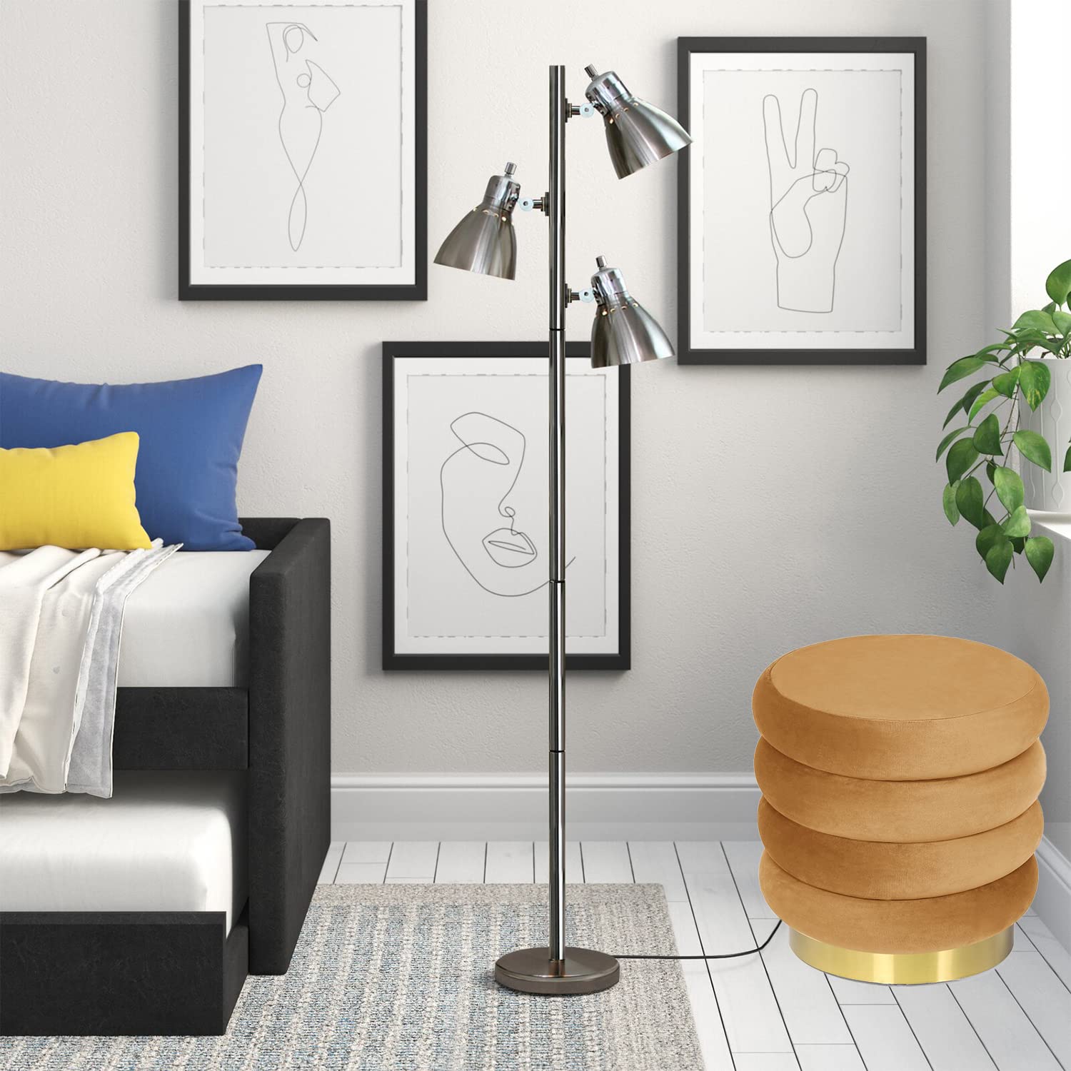 Homebeez 15.9 Inch Velvet Round Modern Storage Ottoman Coffee Table with Gold Base - Orange | Contemporary Living Room Furniture for Small Spaces, Bedroom Footrest & Extra Seating