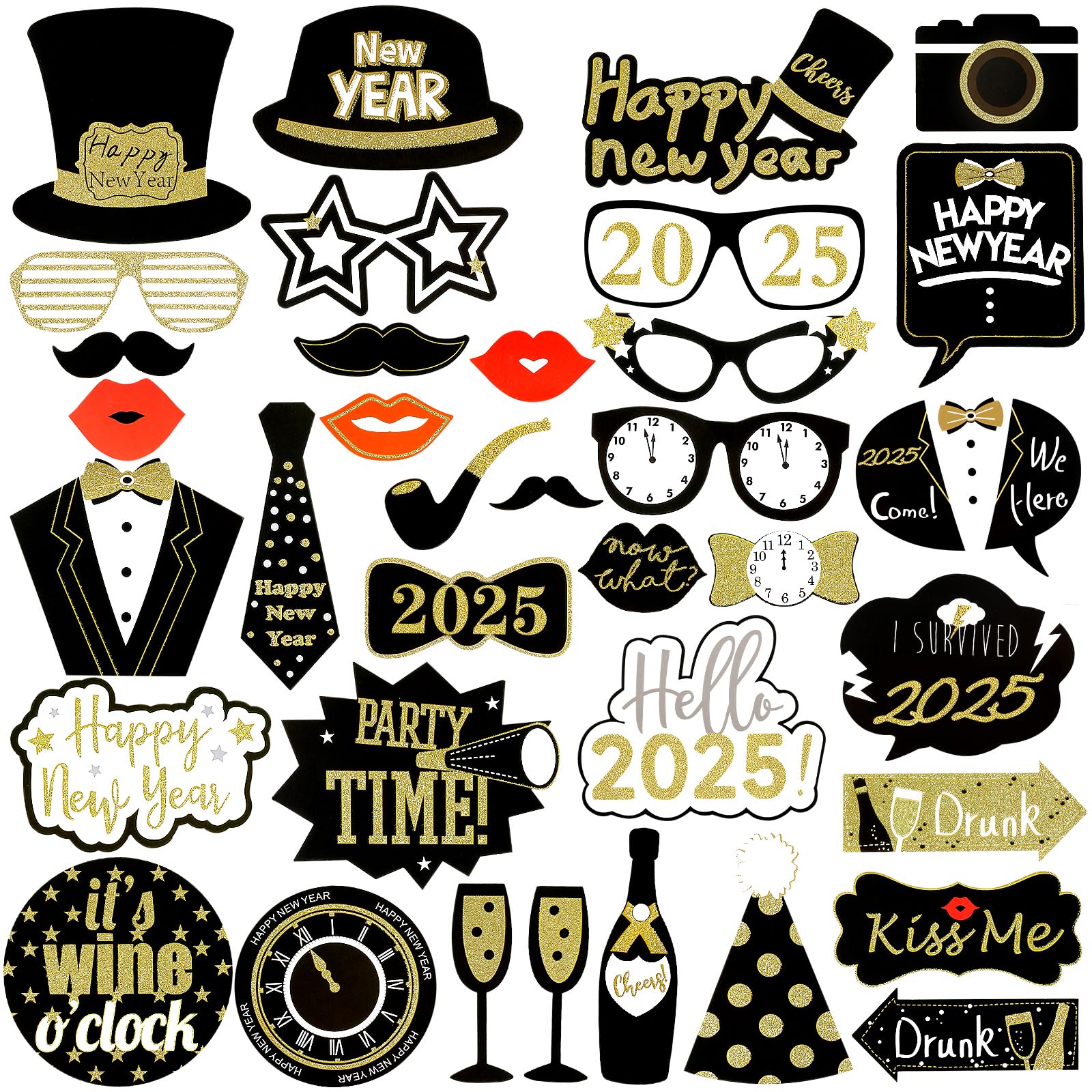 36Pcs New Year's Eve Photo Booth Props 2025 - Gold Glitter Party Decorations for NYE Celebrations, New Year Countdown & Holiday Parties - Perfect for New Year's Eve Decor, Social Media Photos & Family Gatherings