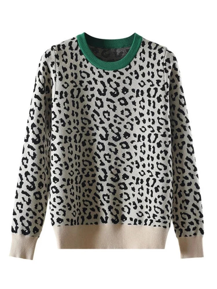 Women's Leopard Print Knitted Pullover Sweater - Long Sleeve Crewneck Contrast Color Winter Jumper for Casual Outfits & Office Wear