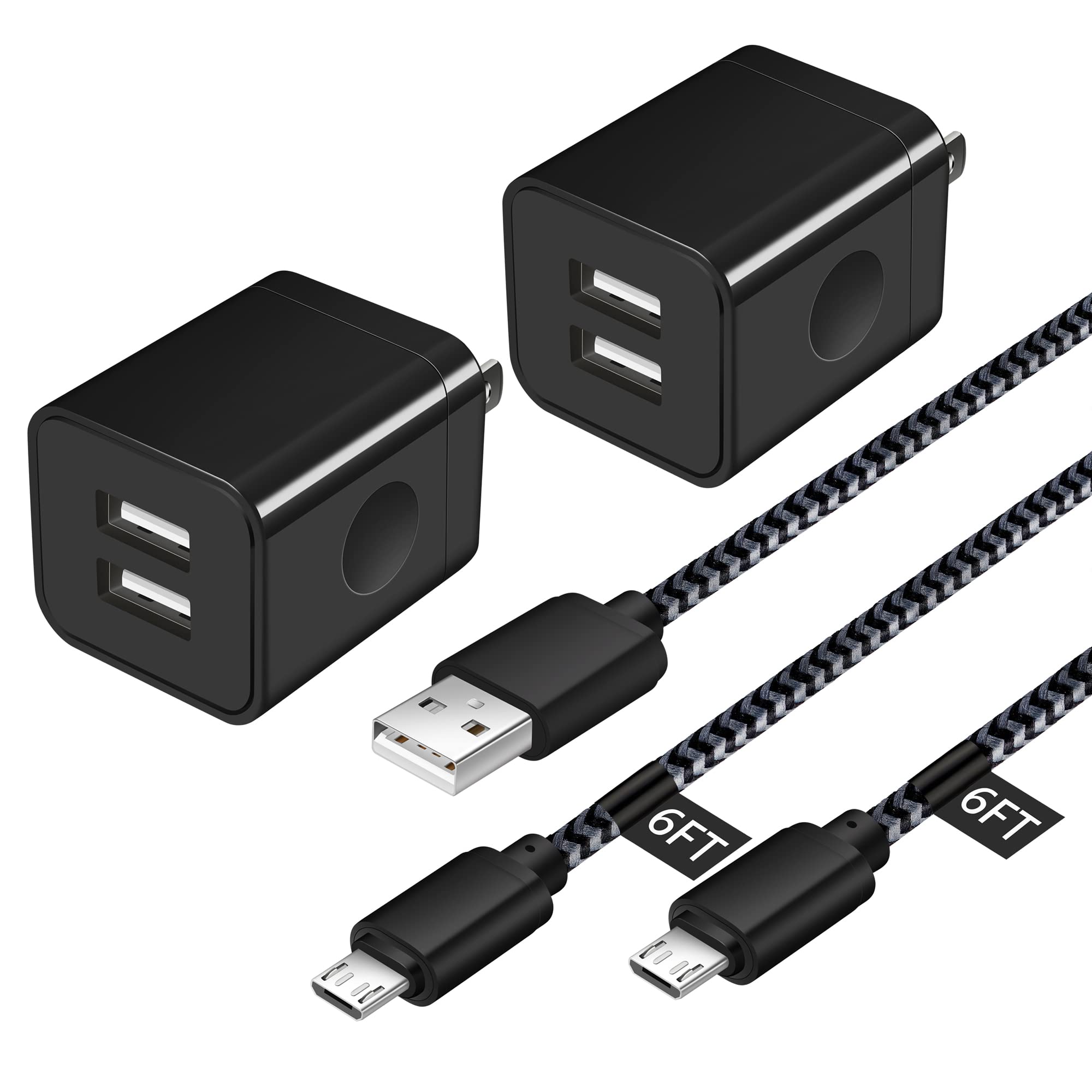 Fast Charging Android Micro USB Cable [2 Pack, 6FT] with Dual Port Wall Charger - Compatible with Samsung Galaxy S7/S6/J8/J7/Note 5, Kindle, LG, PS4, Camera - Perfect for Home, Office & Travel (Black)