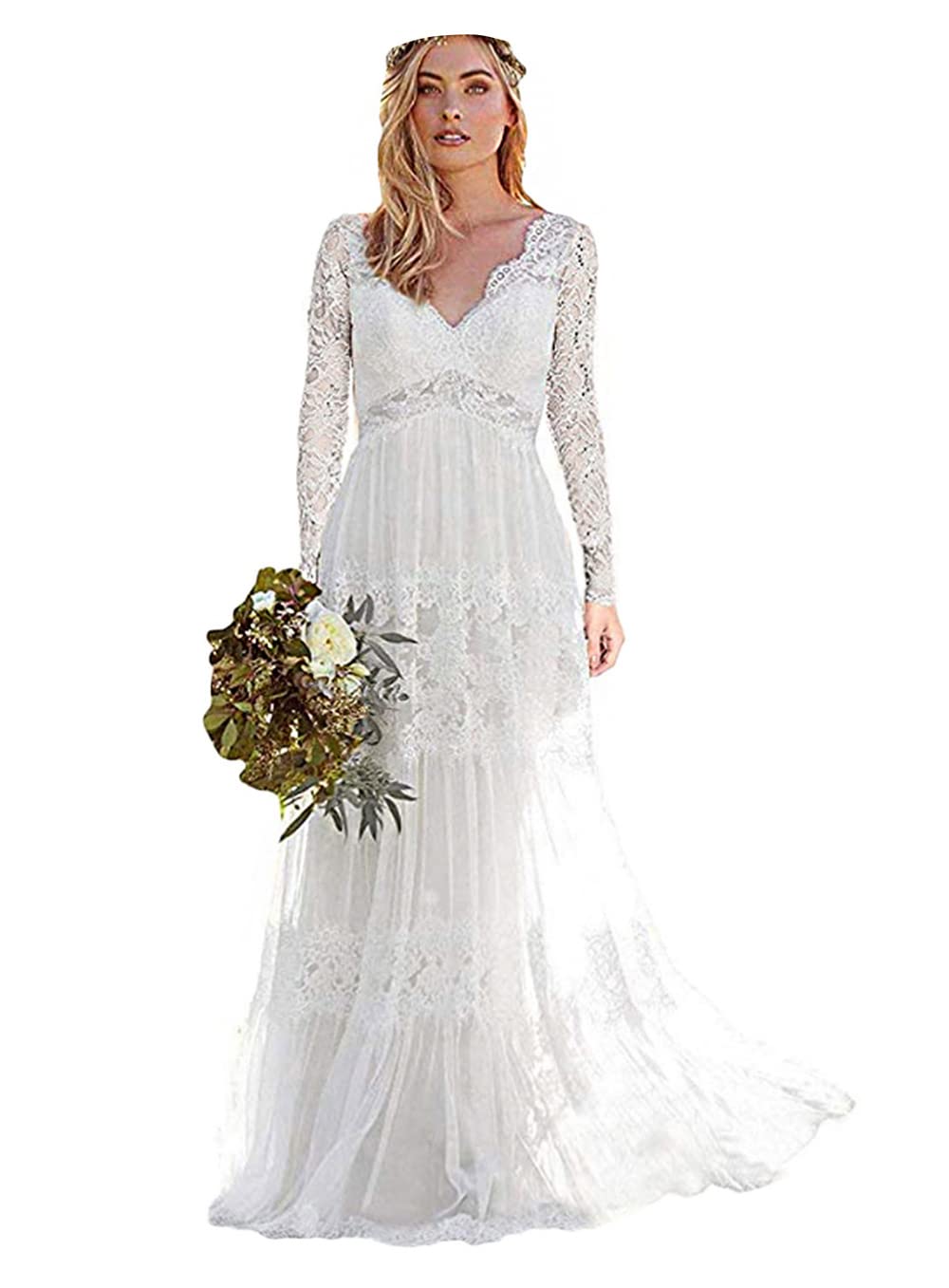 2023 Dymaisei Women's V-Neck Bohemian Wedding Dress with Lace Appliques - Elegant Boho Bridal Gown for Beach, Garden & Outdoor Weddings
