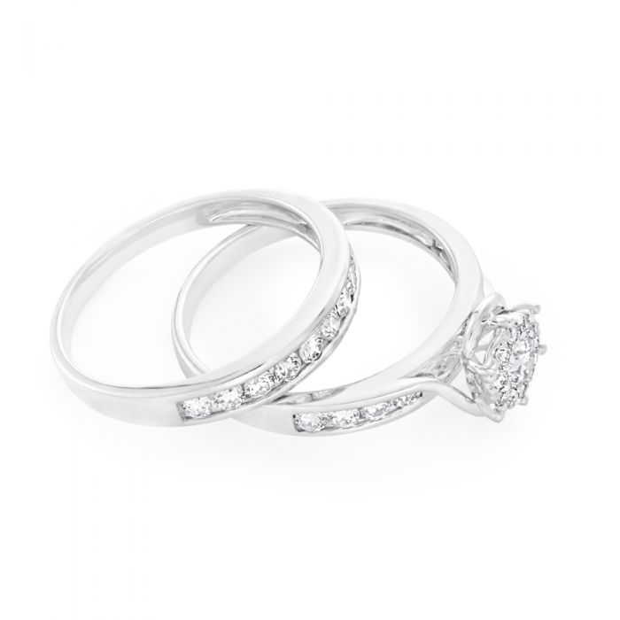 1 Carat 2 Ring Bridal Set in 9ct White Gold - Elegant Wedding Ring Set for Women, Diamond Engagement & Wedding Band Set - Perfect for Proposals, Anniversaries & Bridal Jewelry Gifts