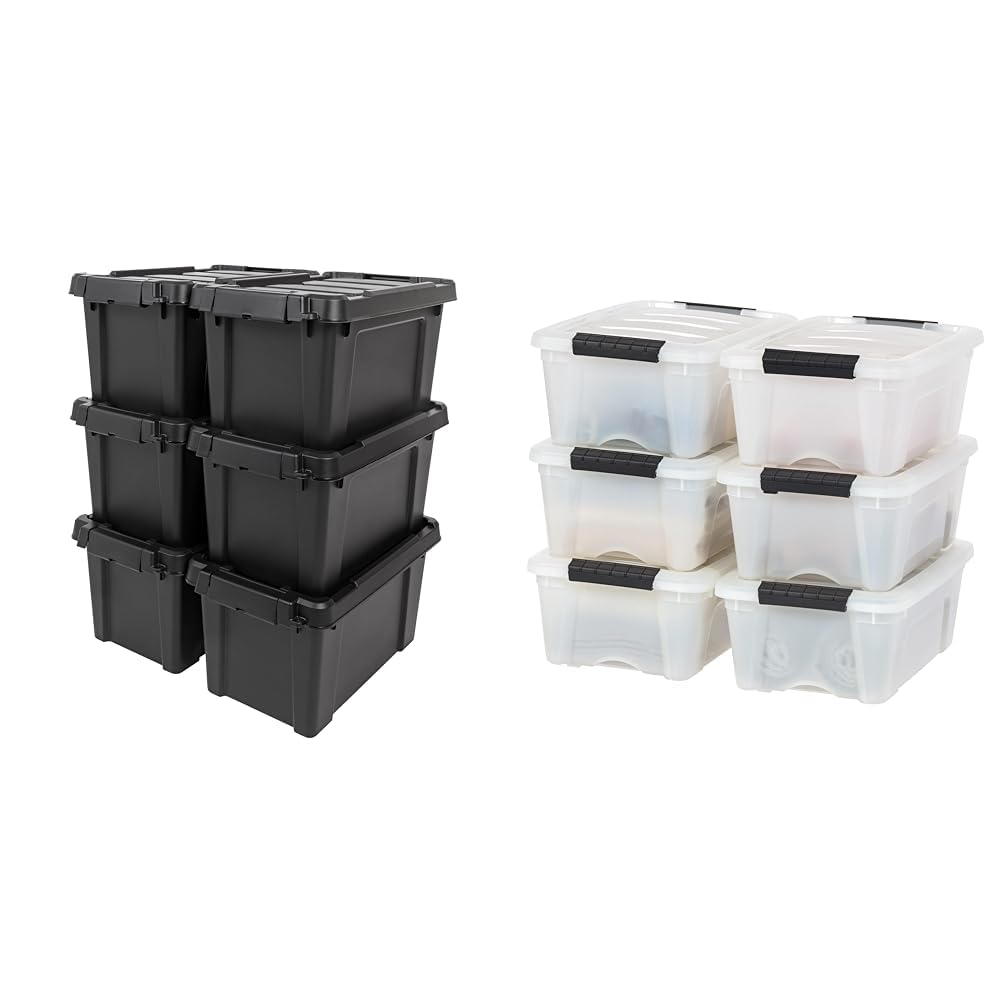 IRIS 5 Gallon Lockable Storage Totes with Lids, 6 Pack Black - 12 Quart Stackable Plastic Storage Bins with Latching Buckles, 6 Pack Pearl - Heavy Duty Home Organization Containers for Closet, Garage, Office & Toy Storage
