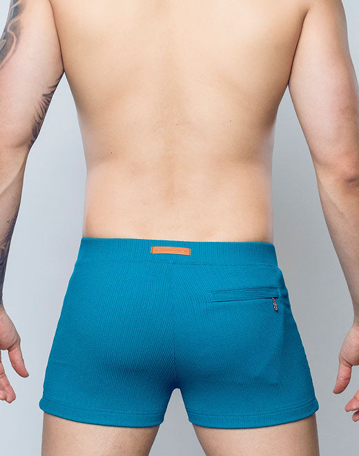 **2Eros Men's Teal Swim Trunks with Railroad Design - Quick Dry Beach Shorts for Swimming, Surfing & Summer Vacations**