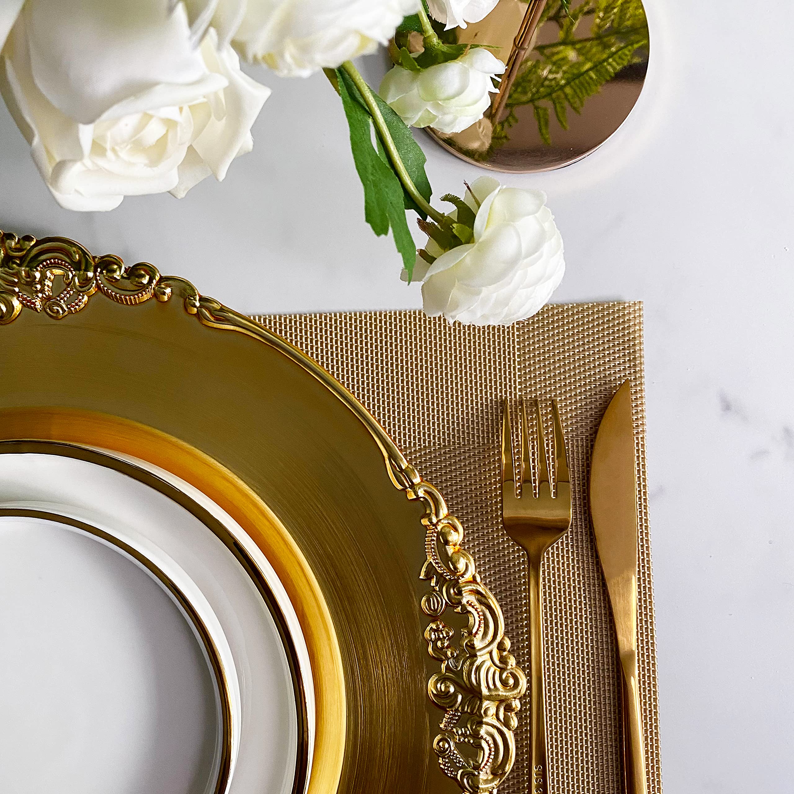 Henilosson 6-Piece Antique Gold Charger Plates Set - Elegant Decorative Dinner Plate Chargers for Weddings, Parties & Formal Dining - 12-Inch Round Gold Charger Plates