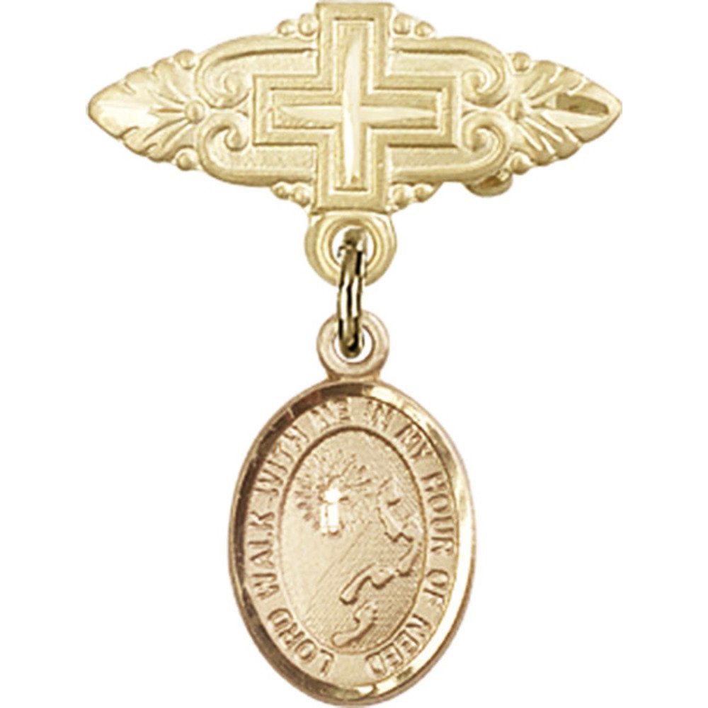 Bonyak Jewelry Saint Medal Collection - Gold Filled Baby Badge with Footprints & Cross Charm - 1 X 3/4 Inch Religious Pin - Perfect for Baptism Gifts, Christening Jewelry & First Communion Keepsakes