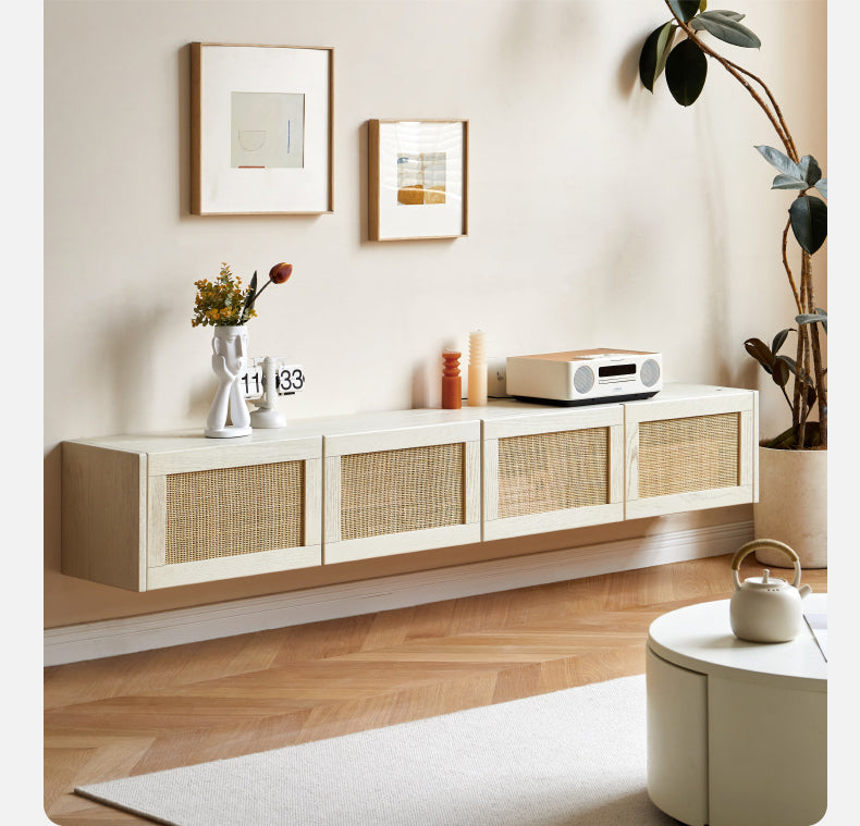 Solid Oak Wood Rattan TV Stand with Suspended Design - Stylish Media Console for Living Room, Bedroom & Home Theater