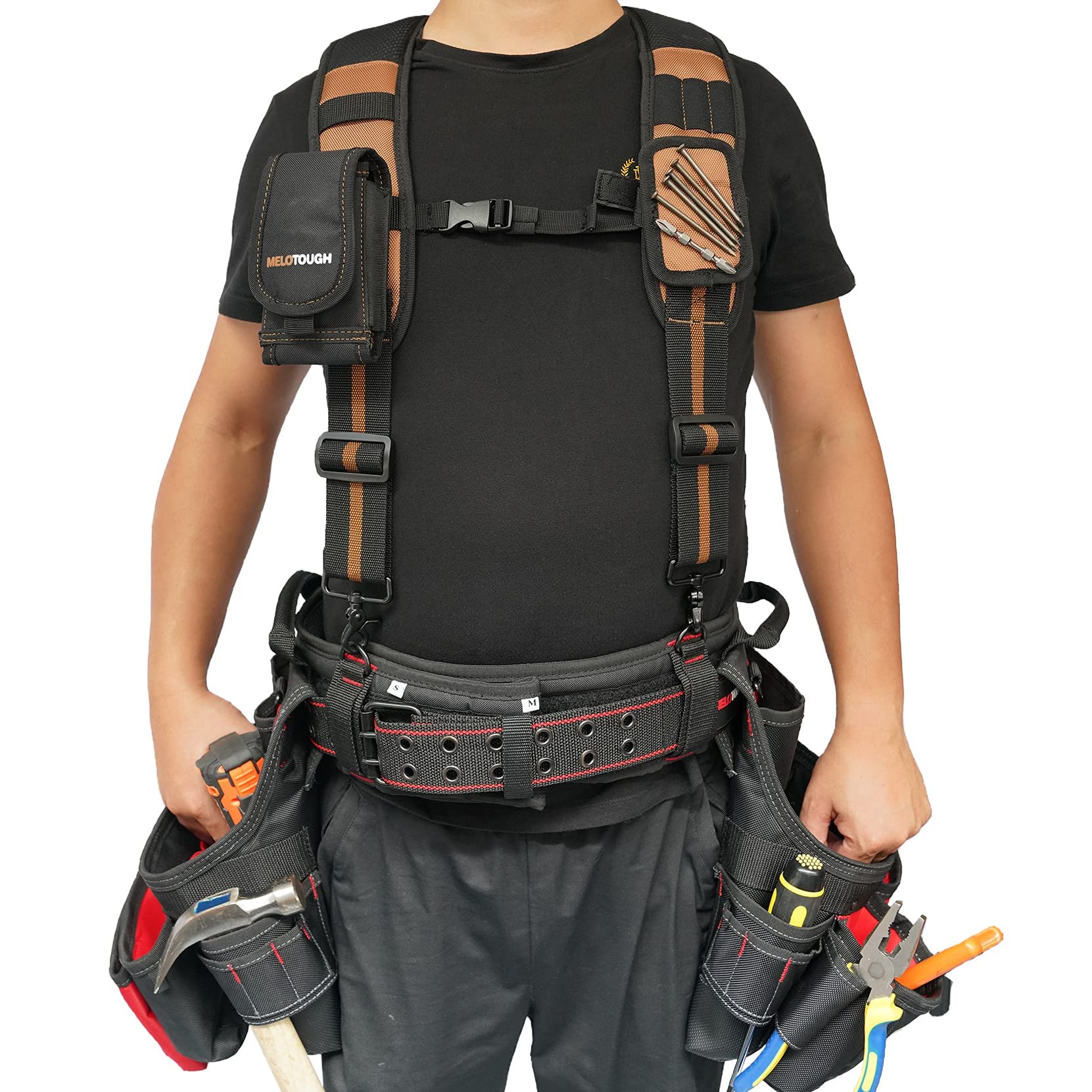 MELOTOUGH Magnetic Suspenders Tool Belt - Heavy Duty Construction Work Belt with Padded Shoulder Straps & D-Ring Hook | Adjustable Handle Strap for Tools | Ideal for Carpenters, Electricians & DIY Projects